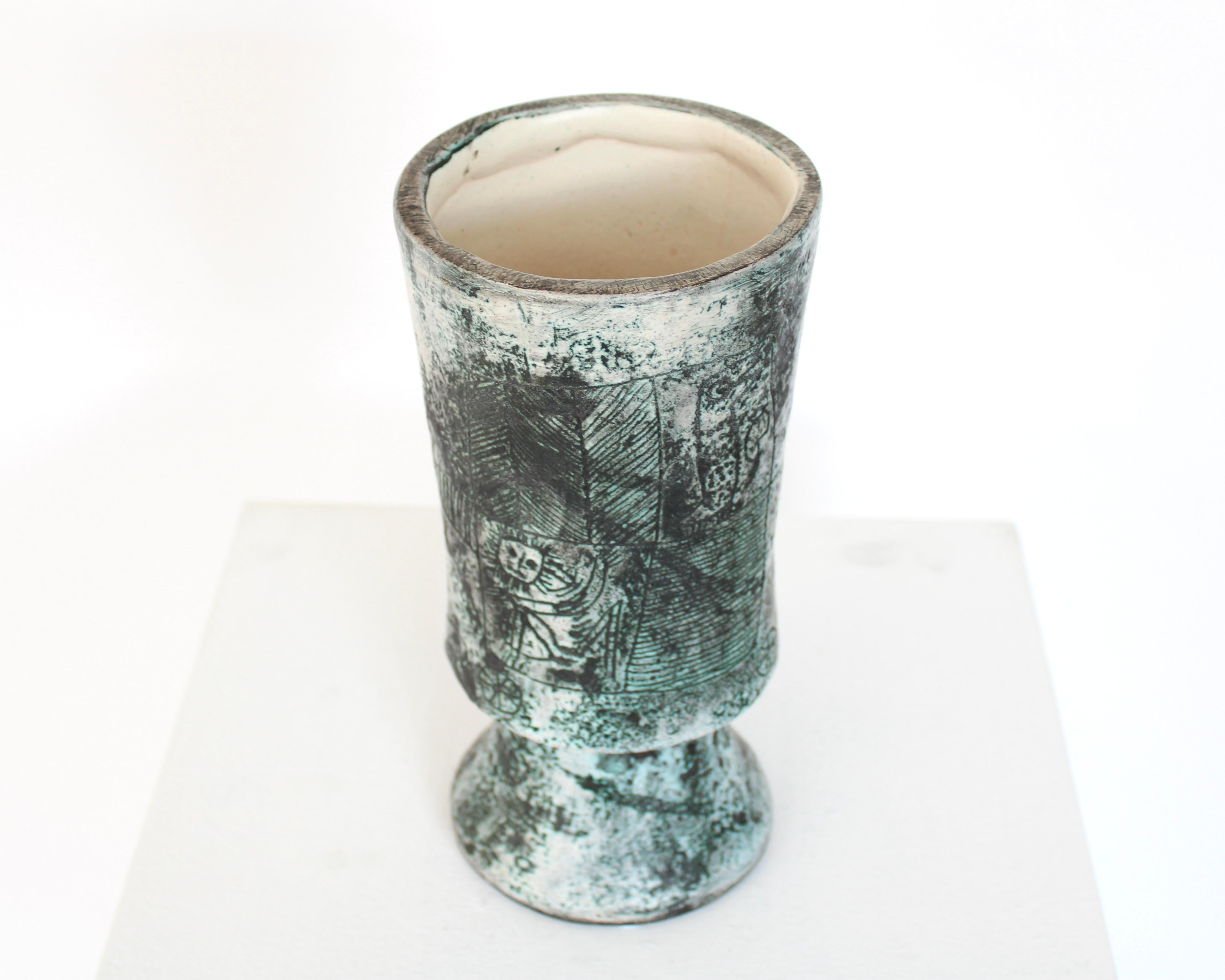 Jacques Blin Französische Keramik Türkisblaue Sgraffito Chalice-Vase aus Keramik im Angebot 4