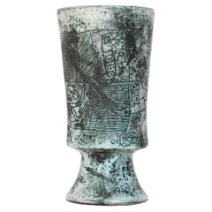 Jacques Blin French Ceramic Turquoise Blue Sgraffito Chalice Vase