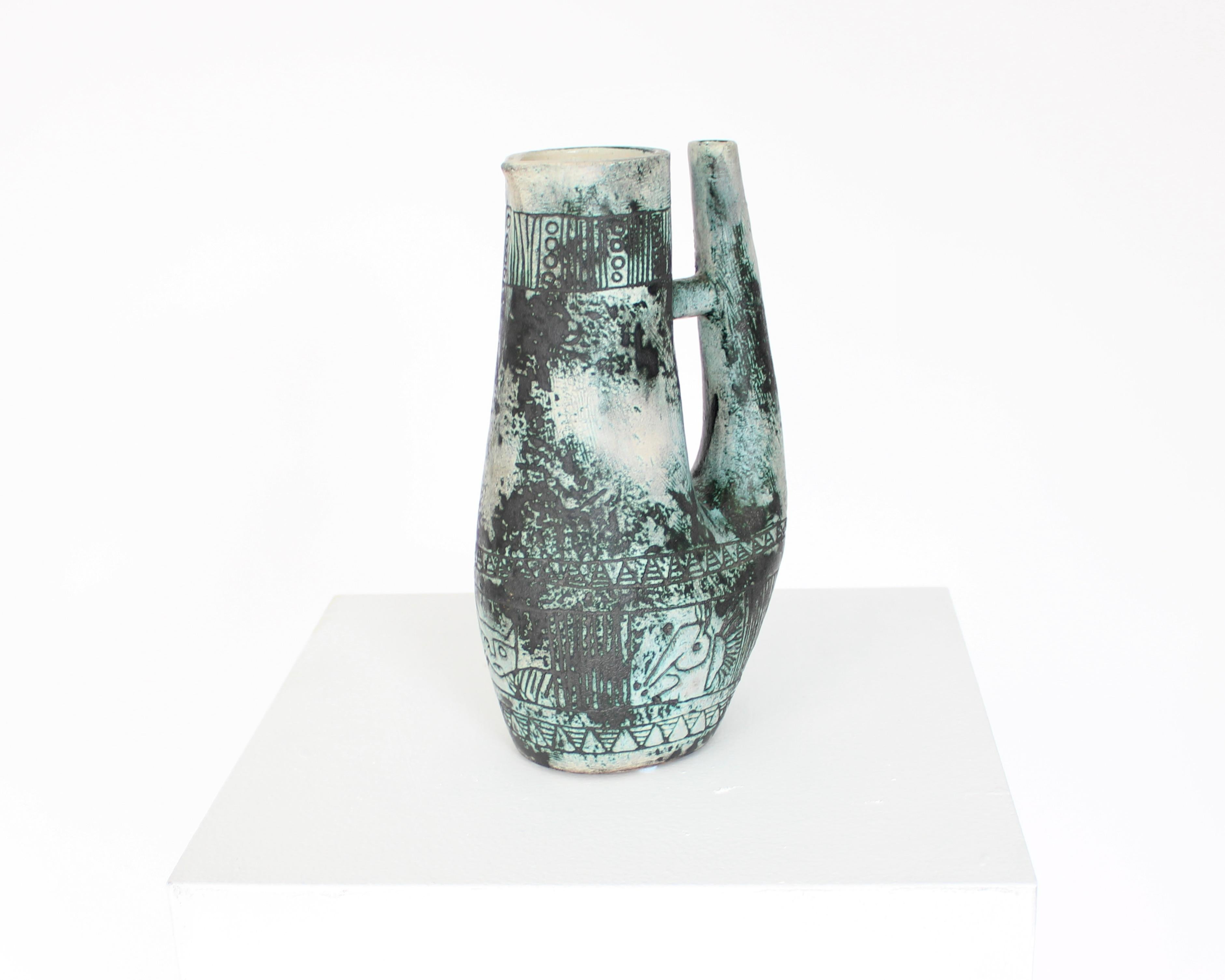 Jacques Blin Brocca in ceramica francese blu turchese con manico alto in vendita 3