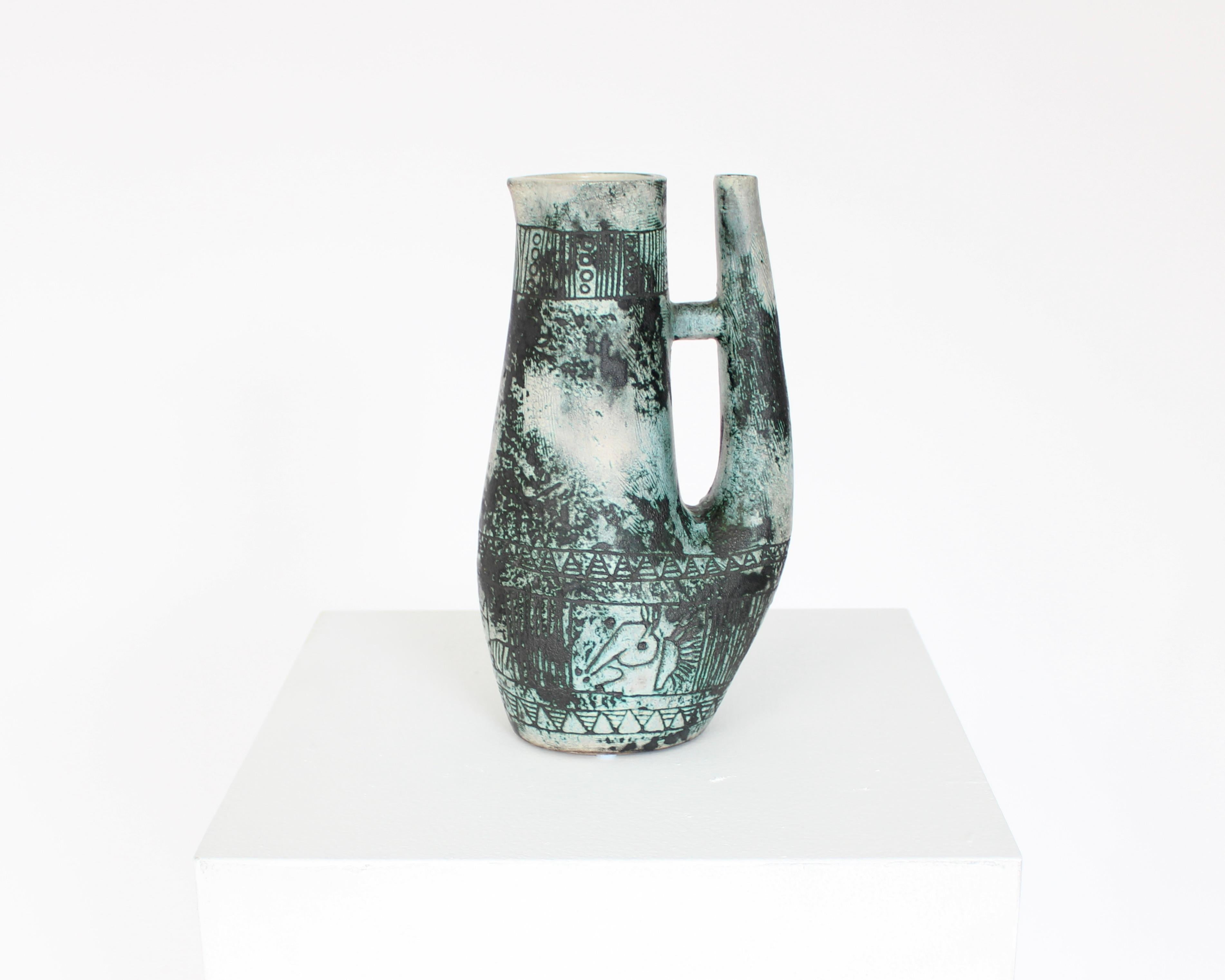 Jacques Blin Brocca in ceramica francese blu turchese con manico alto in vendita 2