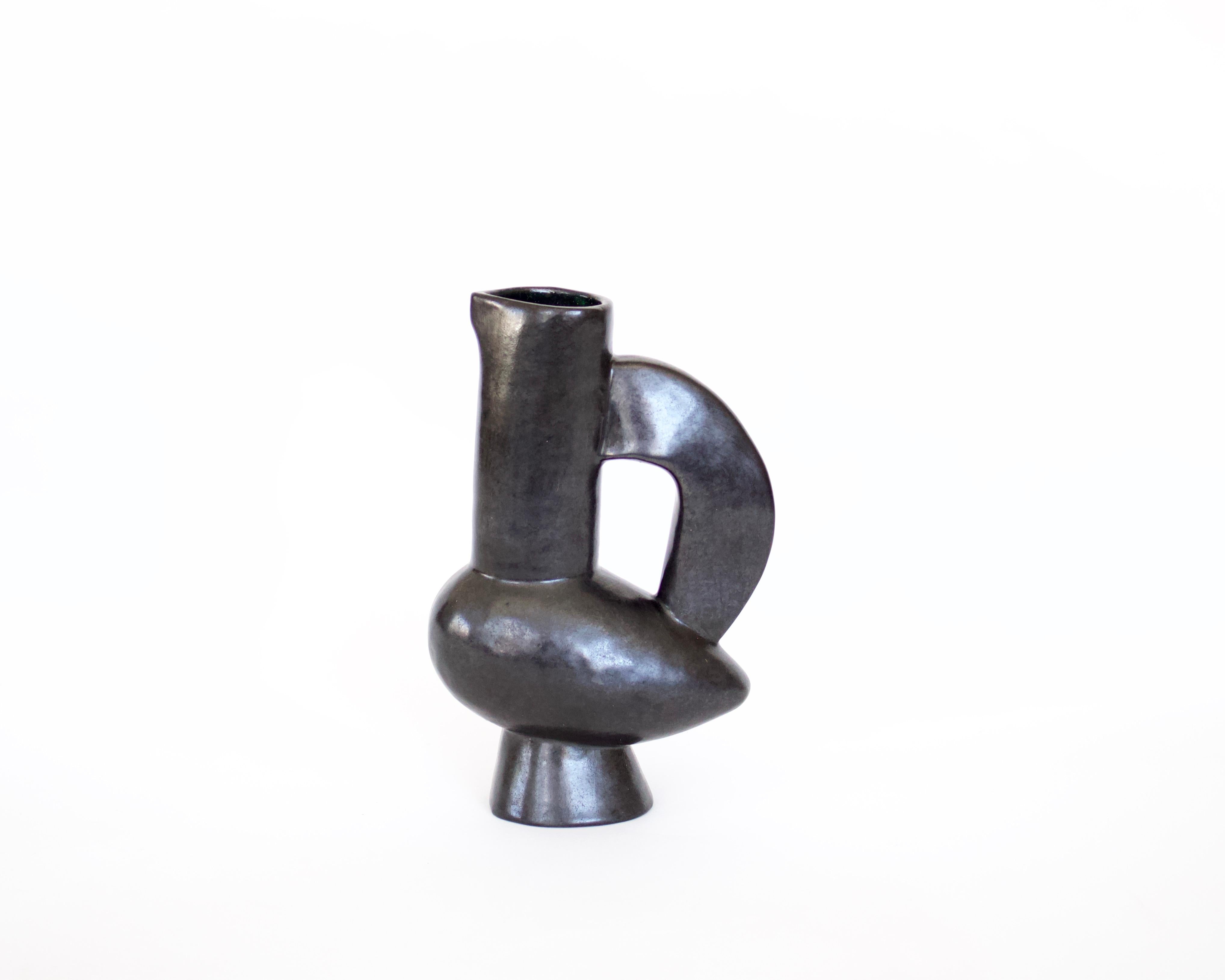 Jacques Blin French ceramic artist black ceramic vase, pitcher or sculpture reminiscent of a bird. 
Similar ceramic piece pictured on p 32 of Jacques Blin, Ceramiste & Porteur d