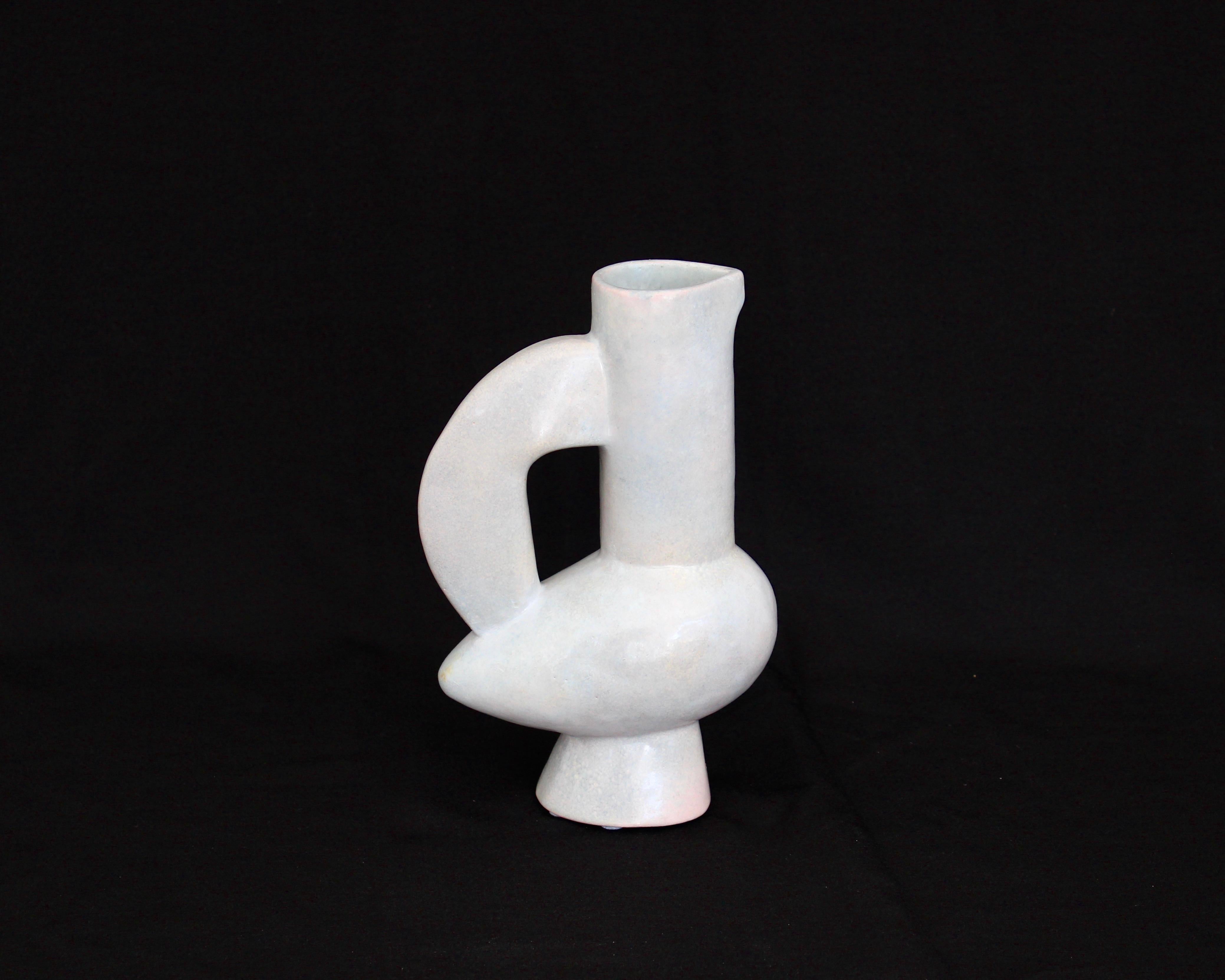 Jacques Blin French ceramic artist white ceramic vase, pitcher or sculpture reminiscent of a bird. 
Similar ceramic piece pictured on p 32 of Jacques Blin, Ceramiste & Porteur d