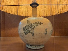 Jacques Blin French Vintage Ceramic Lamp + Original Raffia Shade