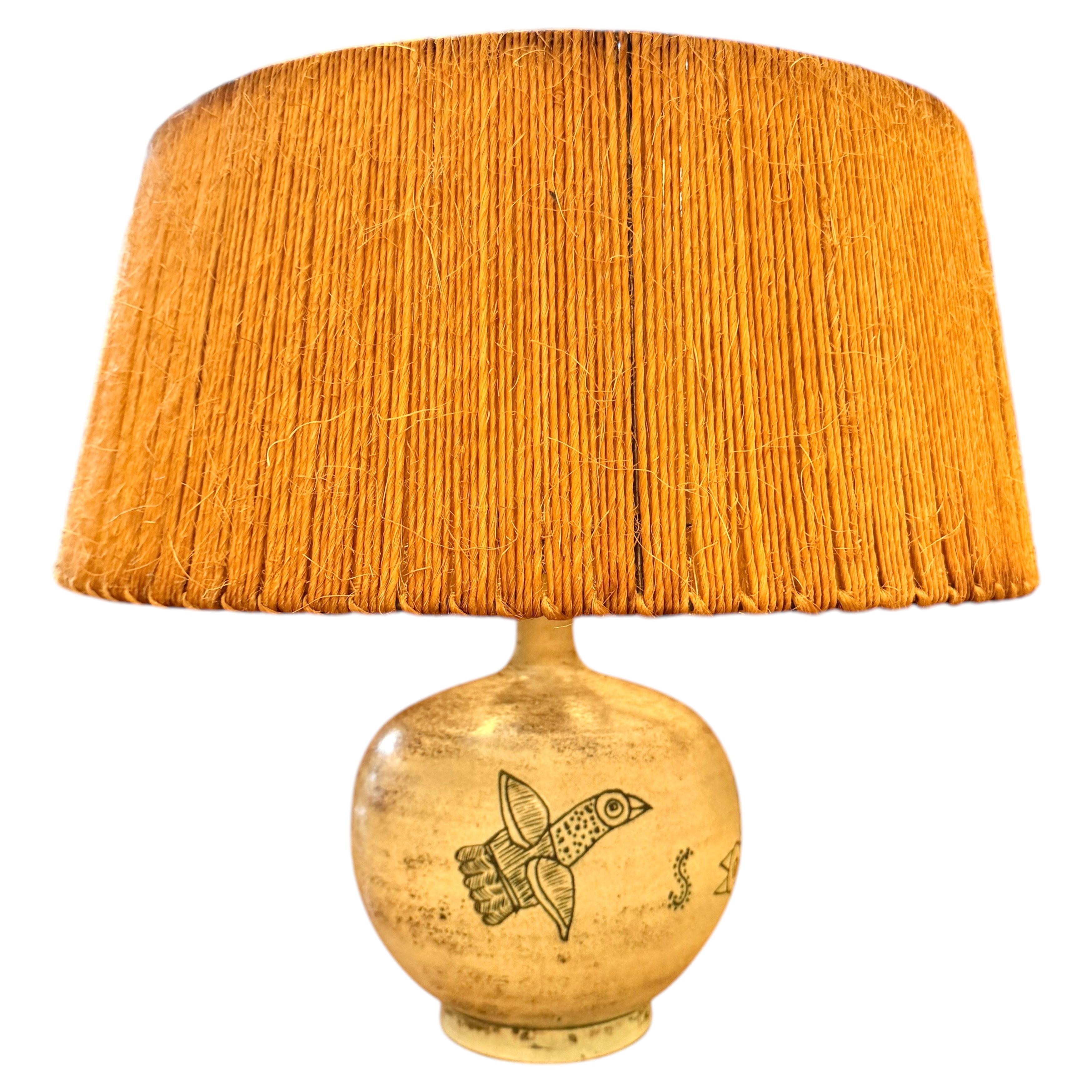 Jacques Blin French Vintage Ceramic Lamp + Original Raffia Shade For Sale