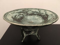 Jacques Blin Green Ceramic Bowl on Three Legs, Incised Decor, French 1960s