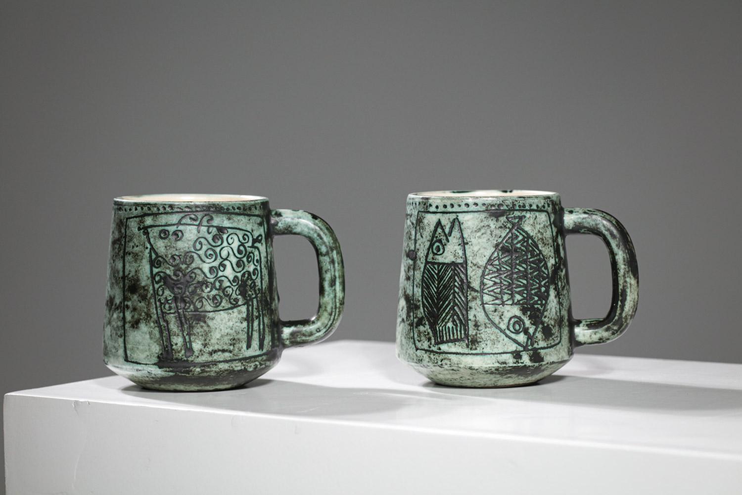Mid-Century Modern Jacques blin green ceramic mugs 50/60 - G484 For Sale