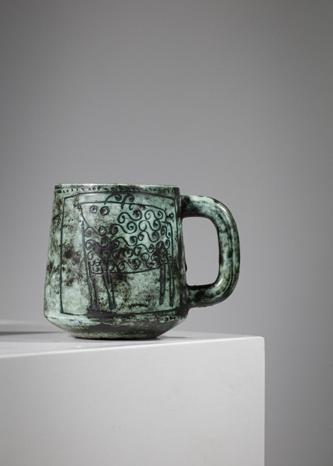 Fait main Mugs en céramique verte de Jacques Blin 50/60 - G484 en vente