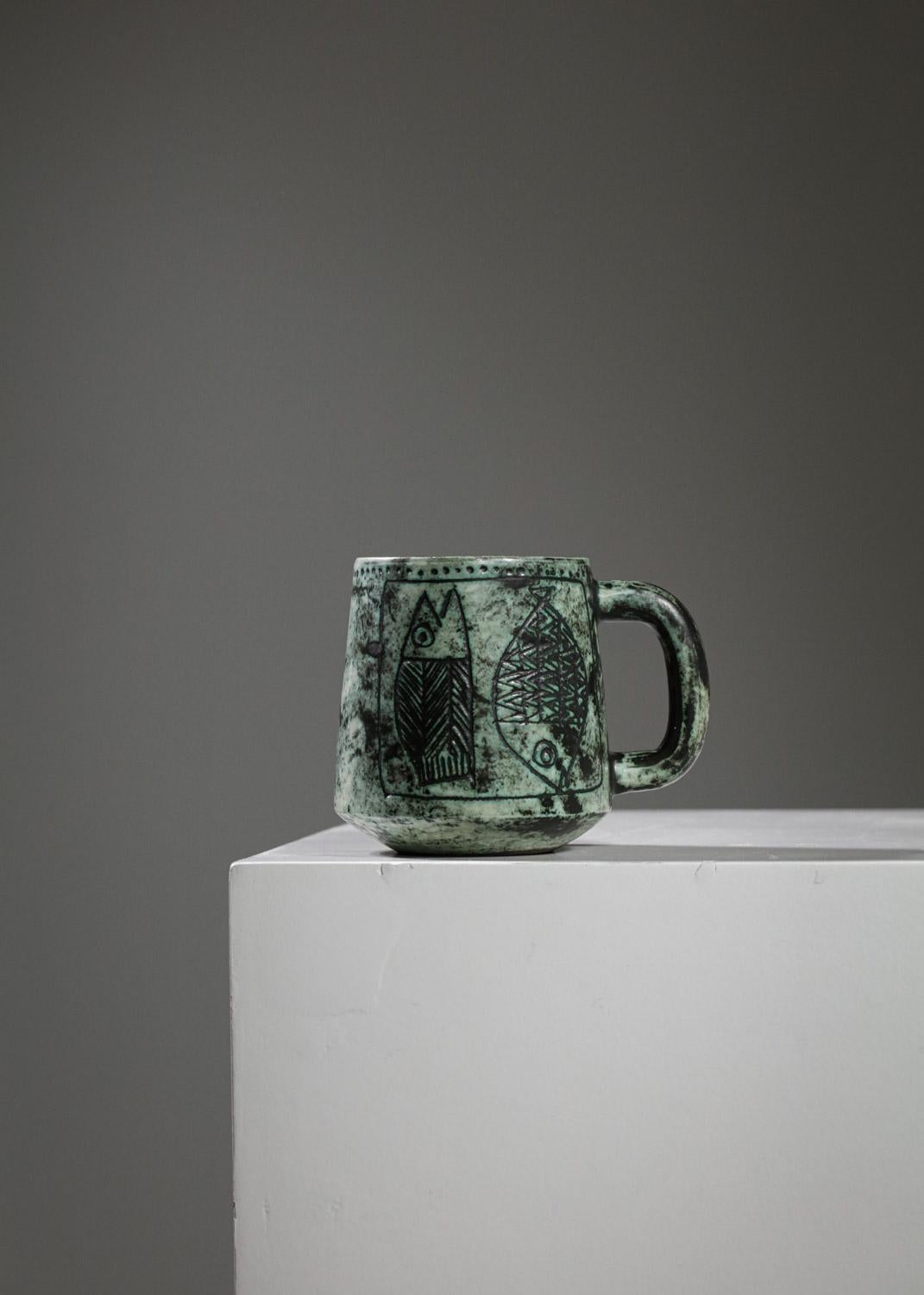 Jacques blin green ceramic mugs 50/60 - G484 In Good Condition For Sale In Lyon, FR