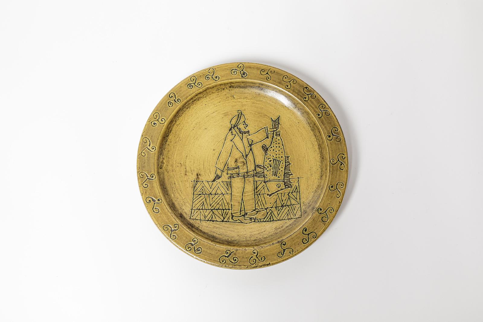 Jacques Blin mid-20th century design wall ceramic plate fisherman circa 1950  For Sale