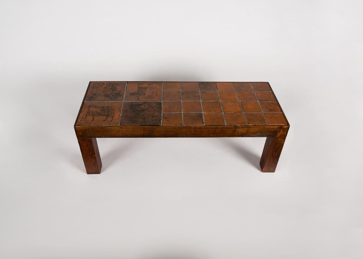 Mid-Century Modern Jacques Blin, Rectangular Tiled Coffee Table, Oak and Ceramic, France circa 1970 For Sale