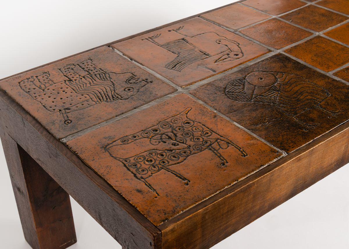 French Jacques Blin, Rectangular Tiled Coffee Table, Oak and Ceramic, France circa 1970 For Sale