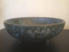 Jacques Blin Signed Blue Ceramic Bowl on Four Feet, Incised Decor, French, 1960s