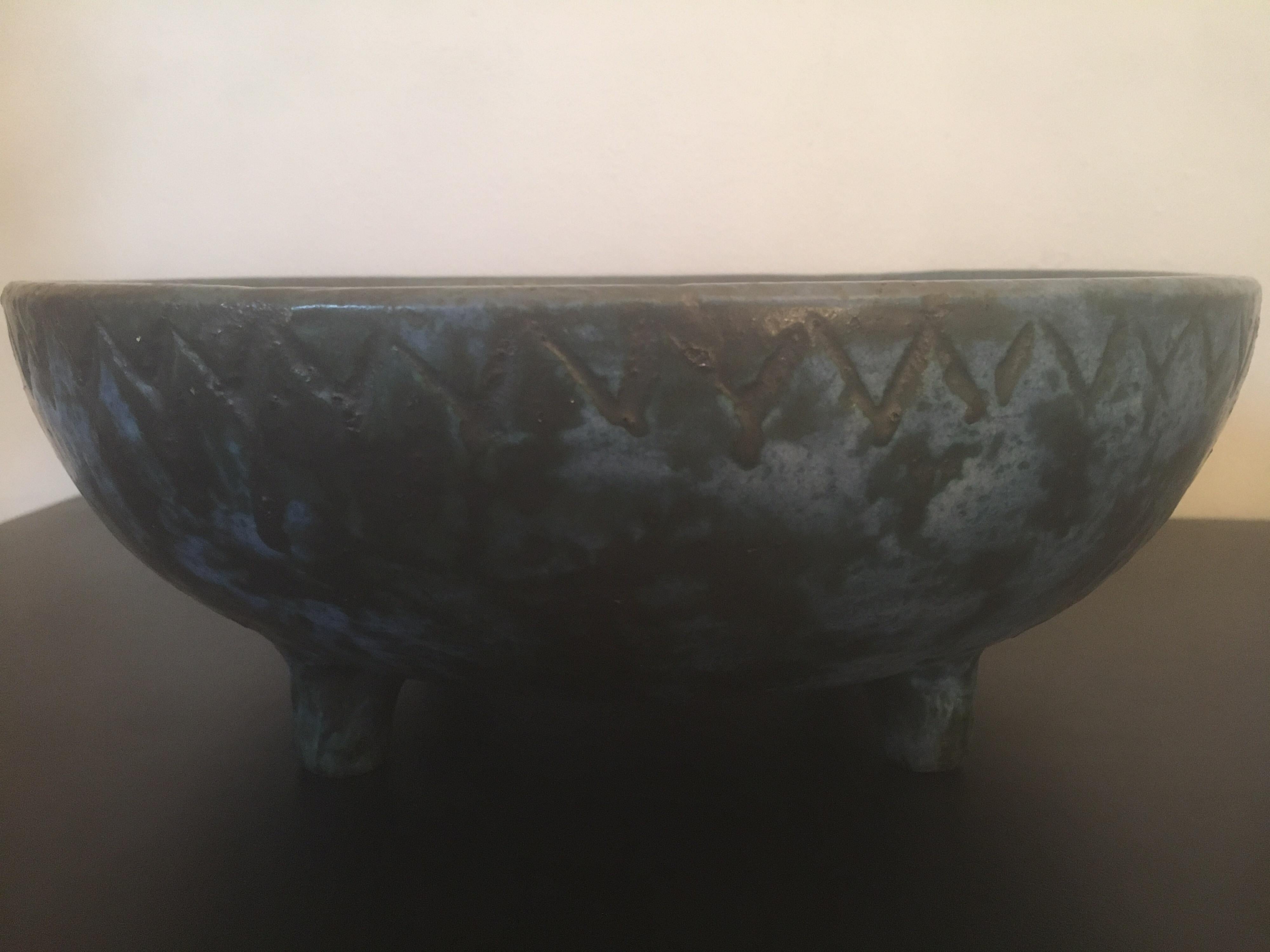 Glazed Jacques Blin Signed Blue Ceramic Bowl on Four Feet, Incised Decor, French, 1960s For Sale
