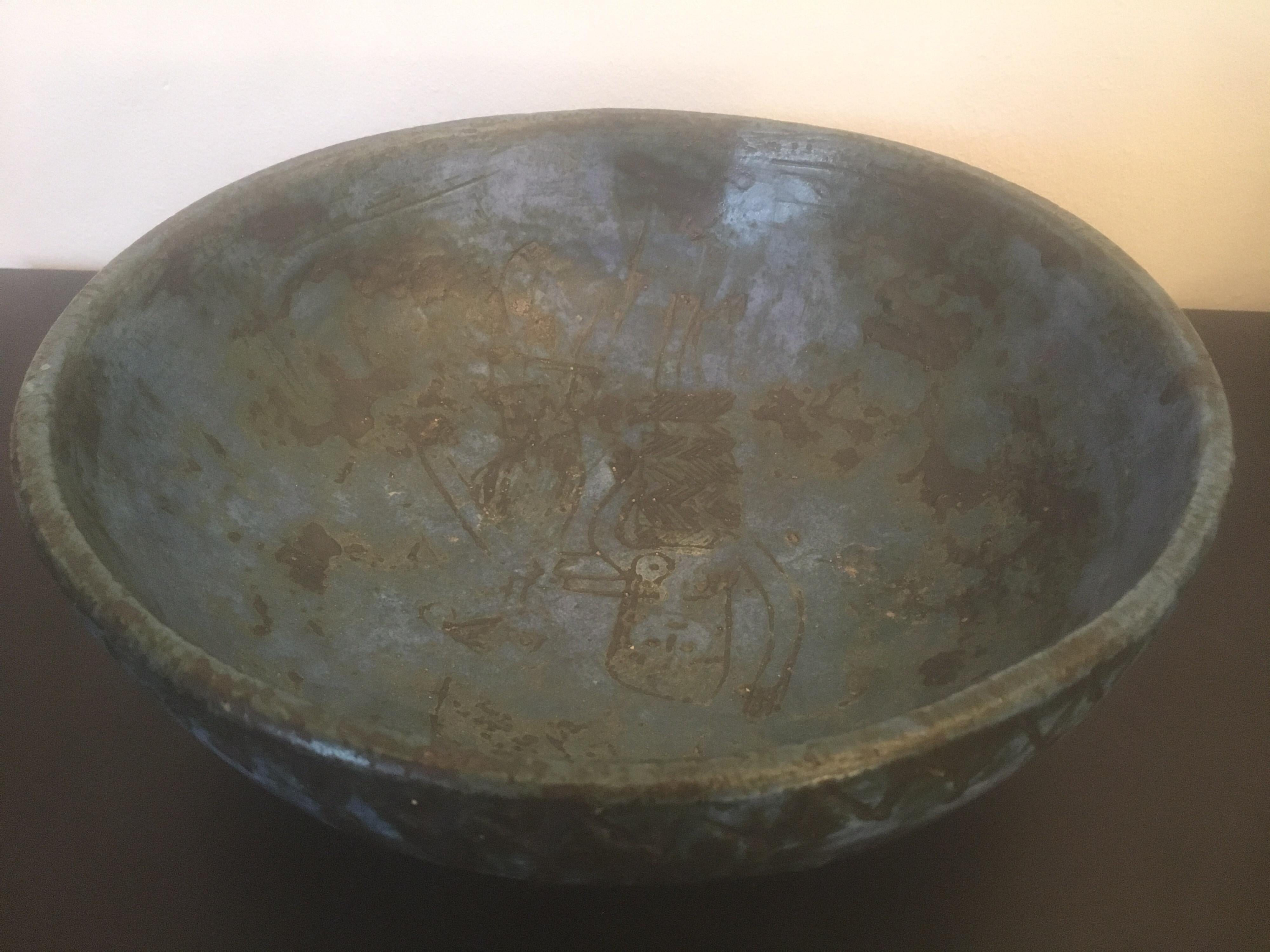 Mid-20th Century Jacques Blin Signed Blue Ceramic Bowl on Four Feet, Incised Decor, French, 1960s For Sale