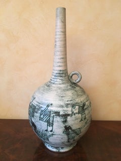 Lampe en céramique verte et noire signée Jacques Blin, décoration incisée, française, années 1960