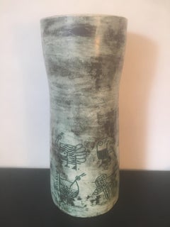 Jacques Blin Signed Large Green Ceramic Vase, Incised Decor, French, 1960s