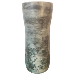 Vintage Jacques Blin Signed Large Green Ceramic Vase, Incised Decor, French, 1960s