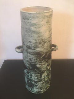 Jacques Blin Signed Two Handles Green Ceramic Vase, Incised Decor, French 1960s