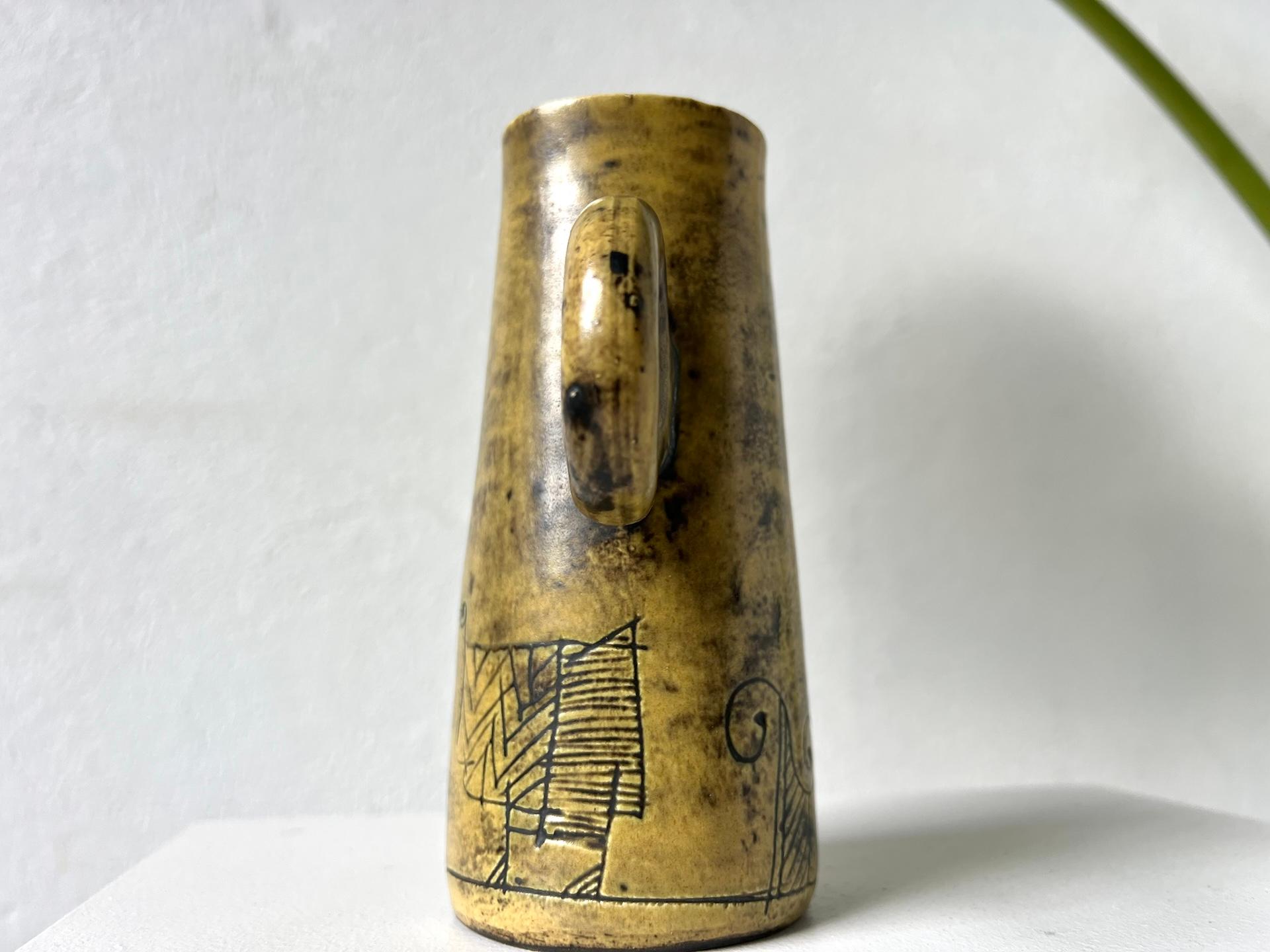 Mid-Century Modern Jacques Blin : Yellow enameled ceramic pitcher For Sale
