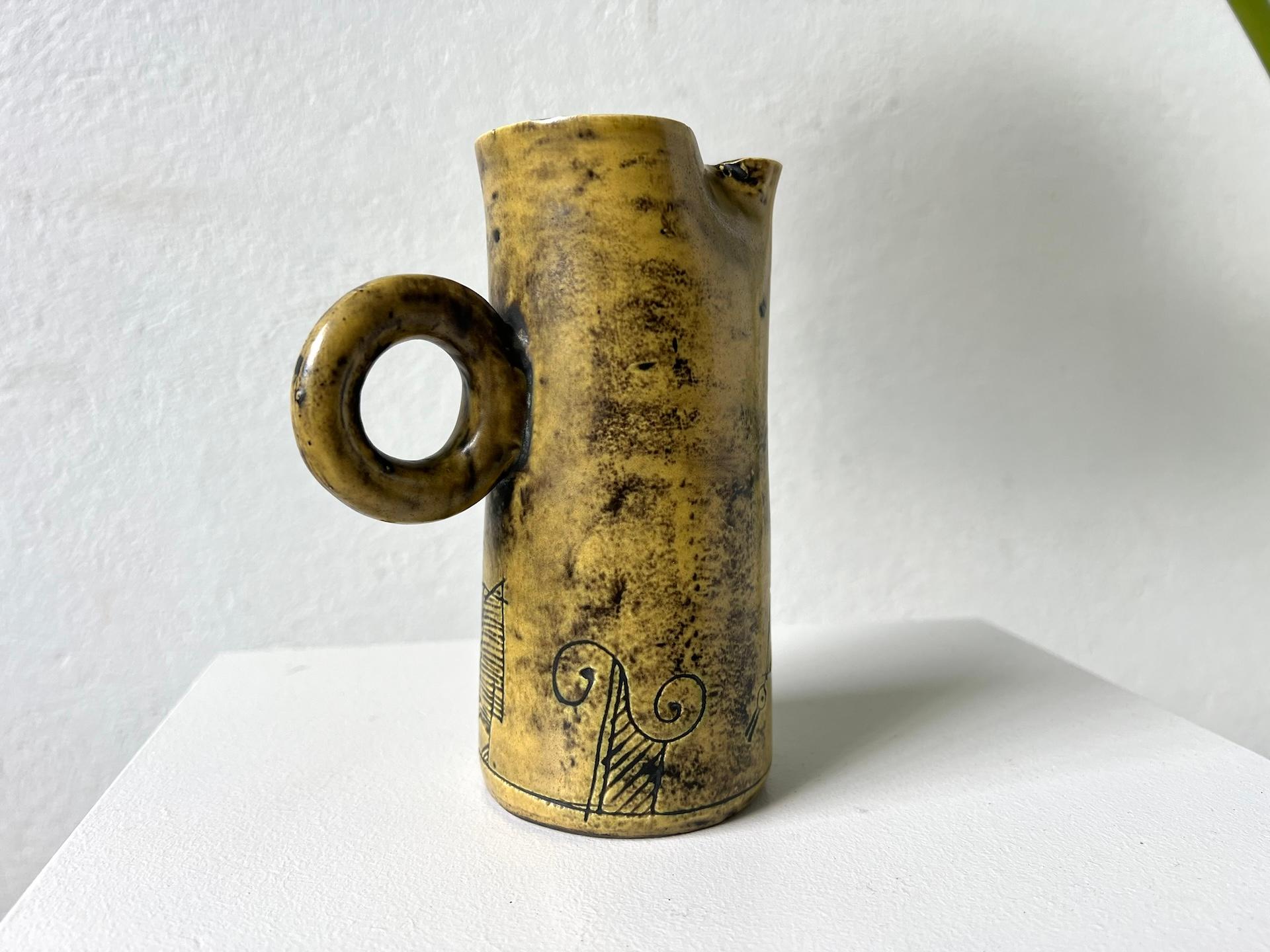 French Jacques Blin : Yellow enameled ceramic pitcher For Sale