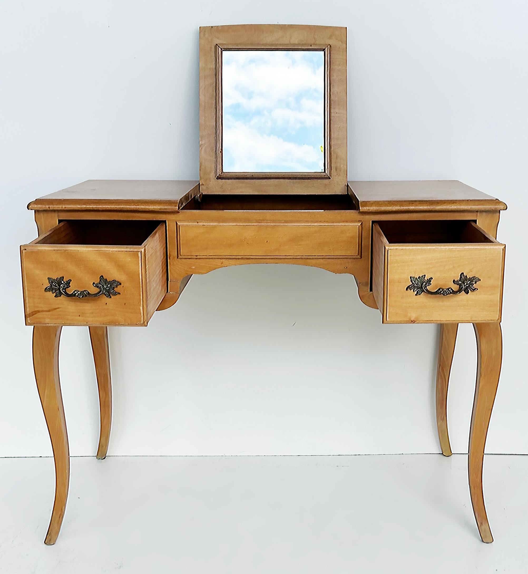 French Provincial Jacques Bodart French Blonde Wood 3-Drawer Vanity Table with Flip-up Mirror For Sale