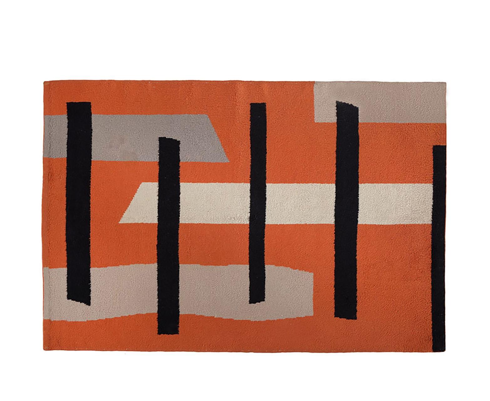 Fine XX secolo Jacques Borker Tappeto Modernista in Lana Design Geometrico Anni '70 Arancione Nero Bianco in vendita