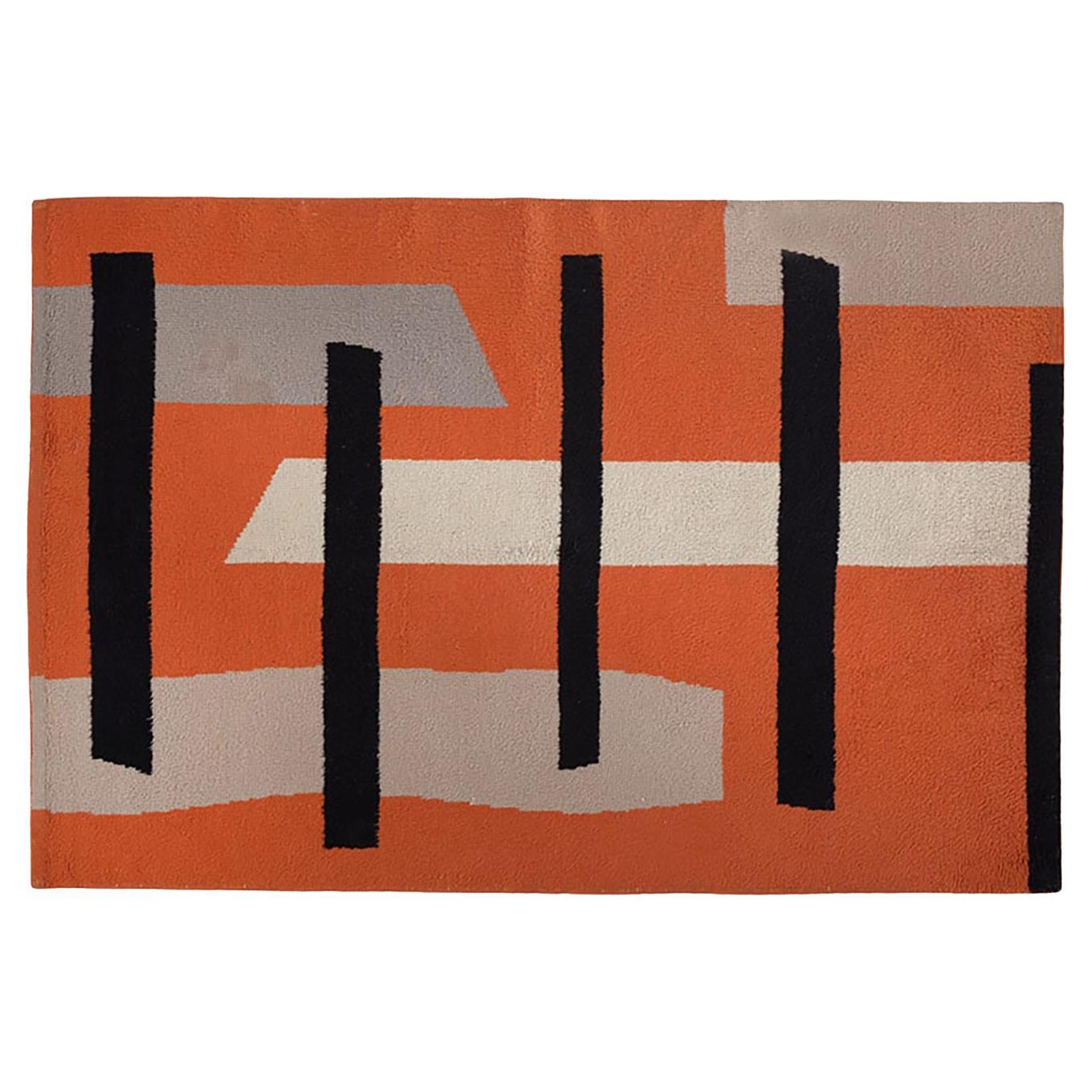 Jacques Borker Tappeto Modernista in Lana Design Geometrico Anni
70 Arancione Nero Bianco