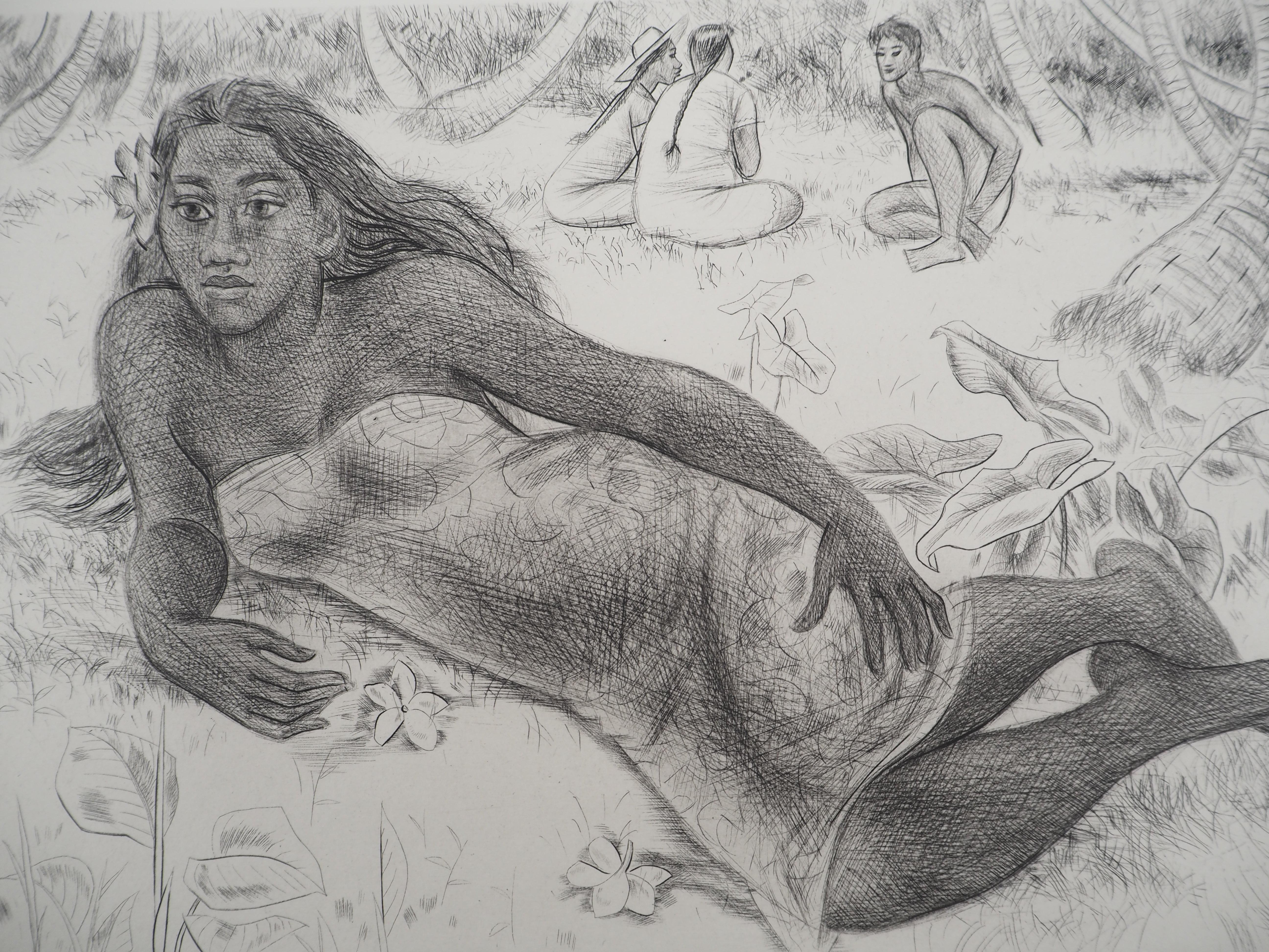 Tribute to Gauguin : Tahitian Woman - Original etching - Print by Jacques Boullaire
