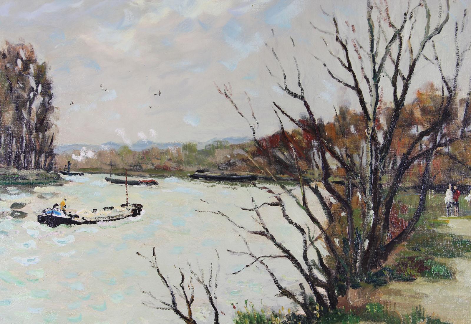 Carrière sur Seine - Gris Landscape Painting par Jacques Bouyssou