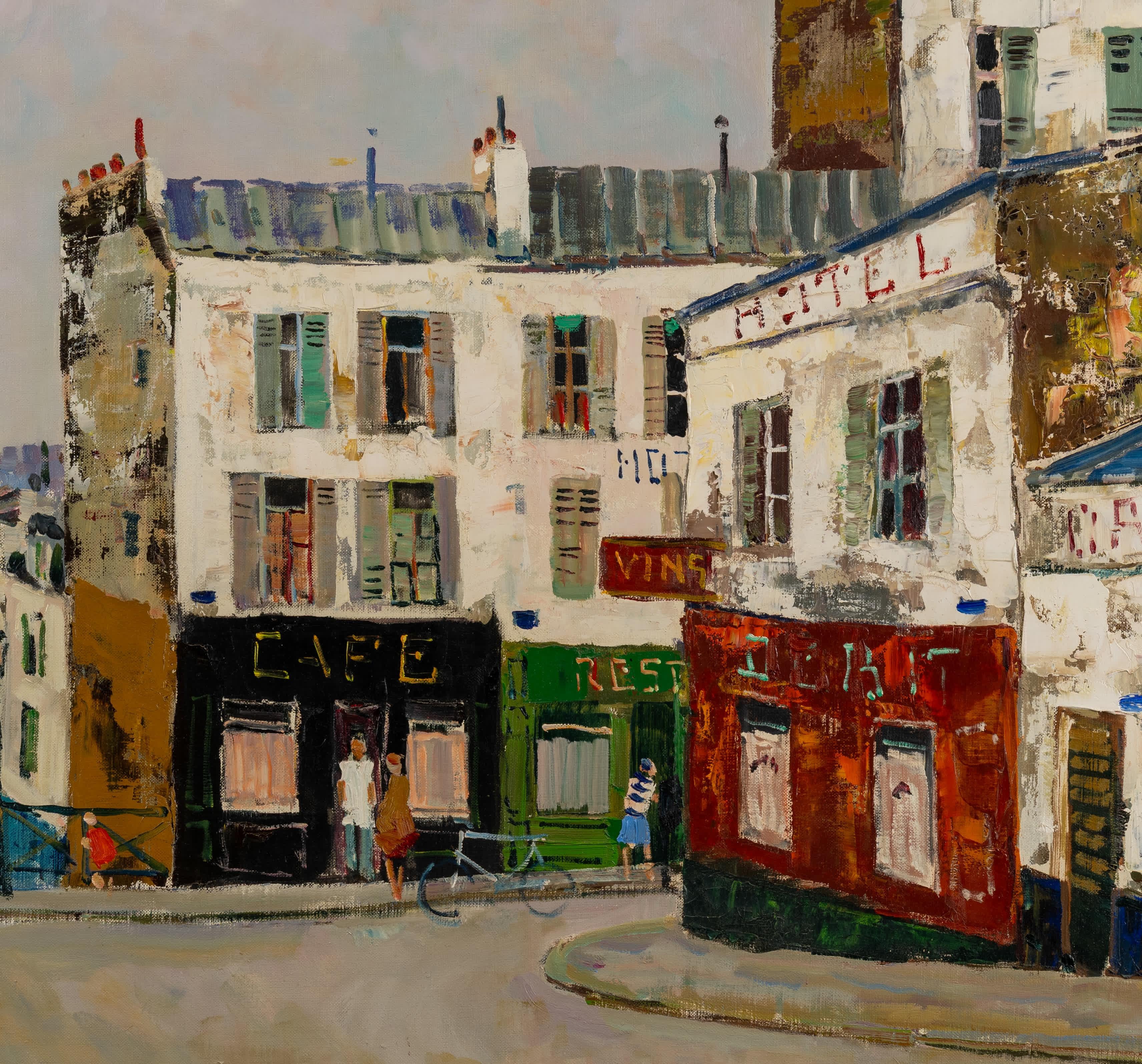 Jacques Bouyssou
French, 1926-1997
Le Cafe Noir

Oil on canvas
28 ¾ by 36 ¼ in, w/ frame 39 ½ by 47 ¼ in
Signed lower left

Born near Honfleur in 1926, Jacques Bouyssou became enchanted at an early age with many of the artists who exhibited their
