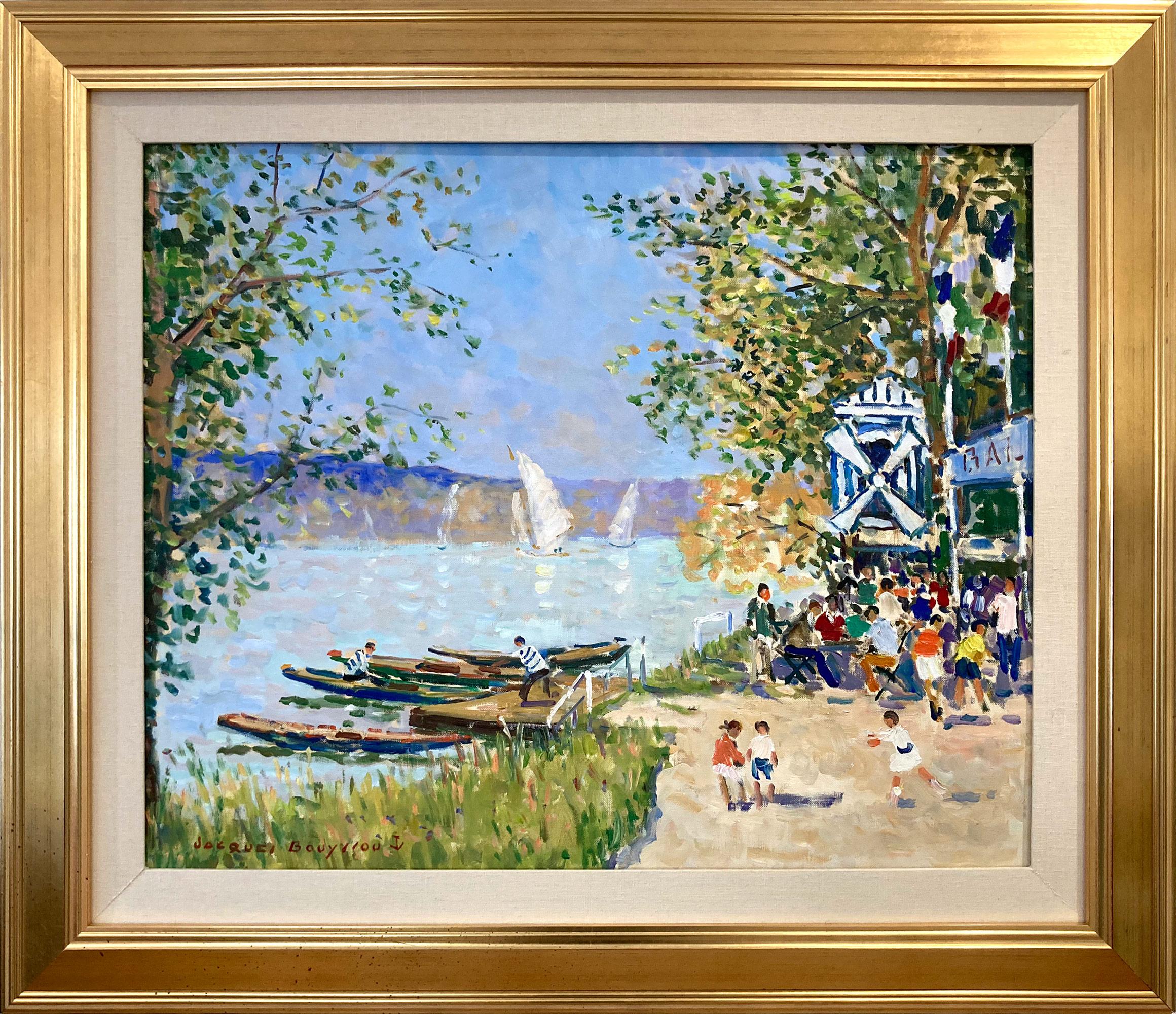 Landscape Painting Jacques Bouyssou - "Le Dimanche Au Bord De La Marne" Impressionistic Parisian Oil Painting Canvas