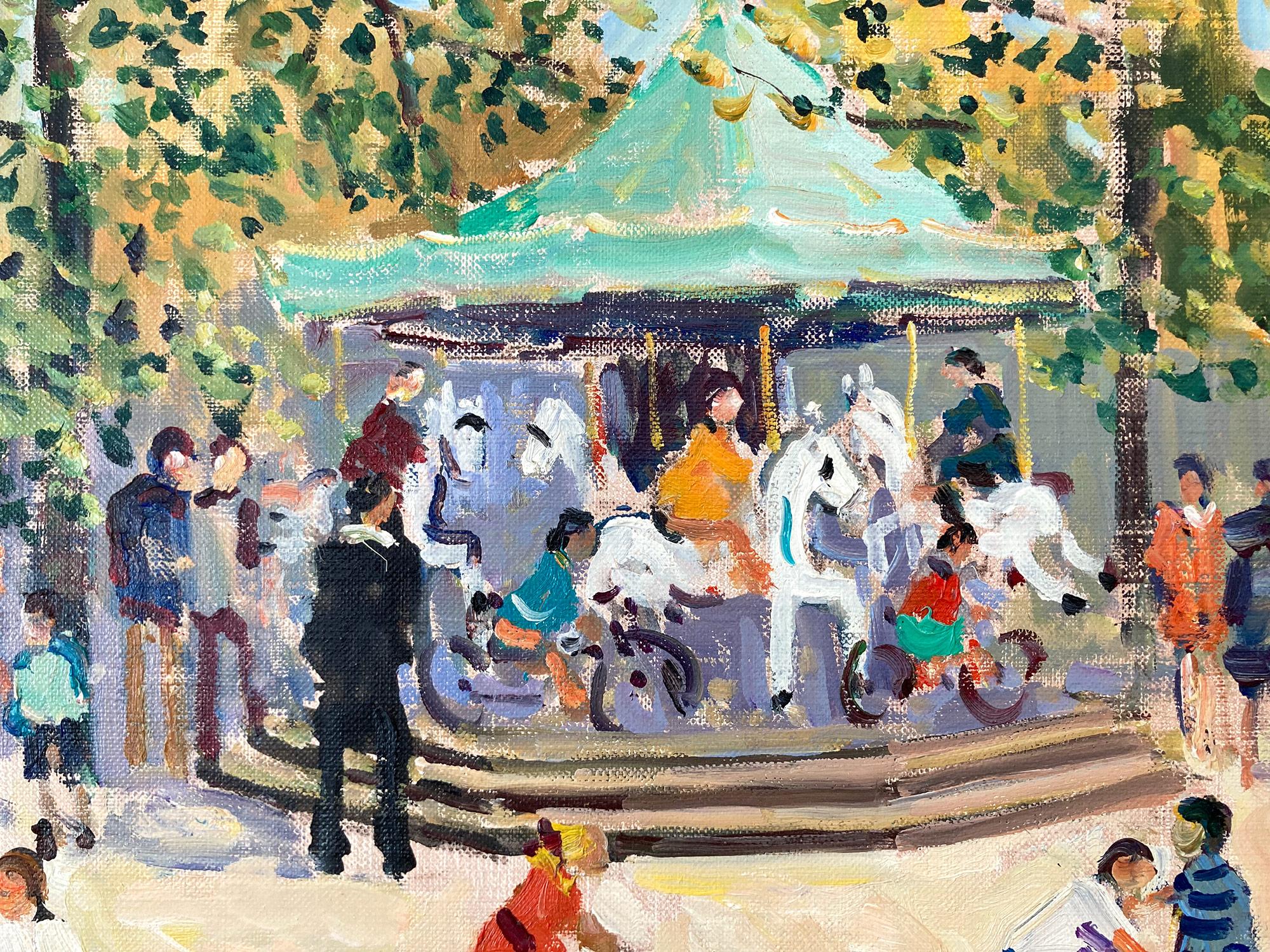 Una splendida rappresentazione di una vivace scena di un parco con figure e personaggi. C'è un carosello situato vicino agli alberi colorati mentre i bambini giocano allegramente. La giornata è intensa ed emozionante, possiamo quasi sentire i