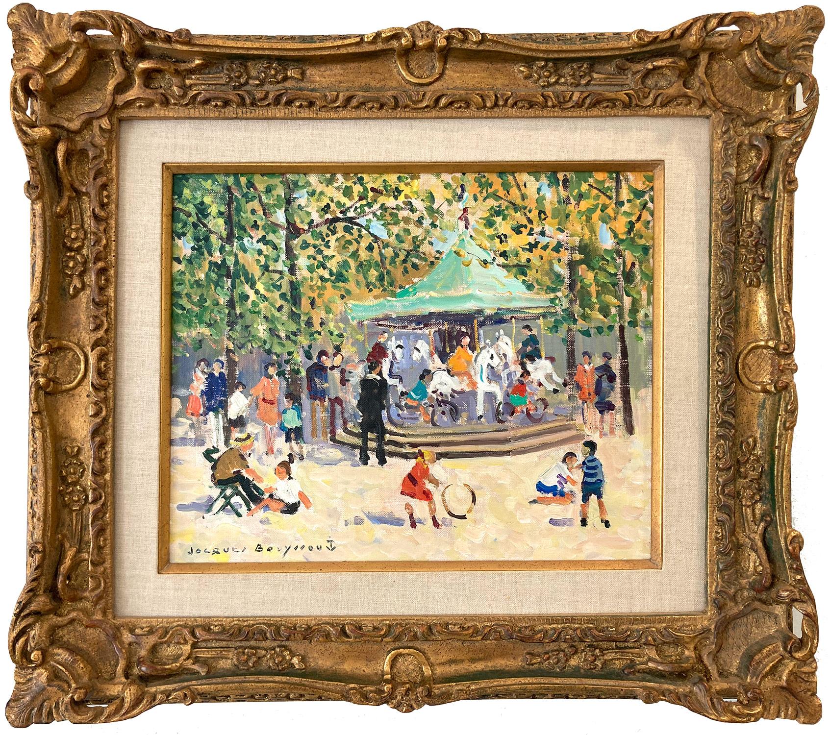 Landscape Painting di Jacques Bouyssou - "Le Manege", giostra parigina colorata e impressionista, al parco