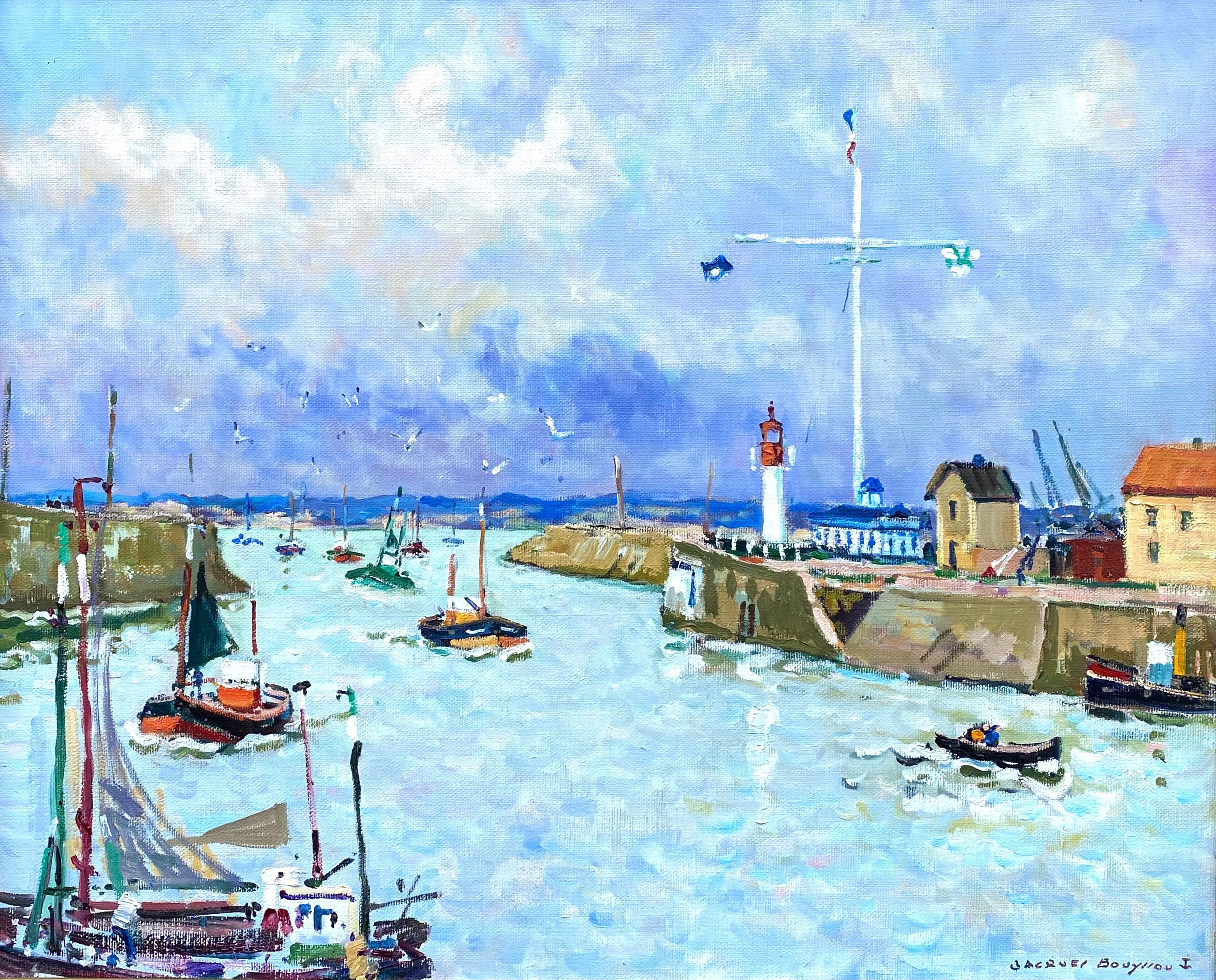 Jacques Bouyssou Landscape Painting - “Return of Sailboats to Honfleur”