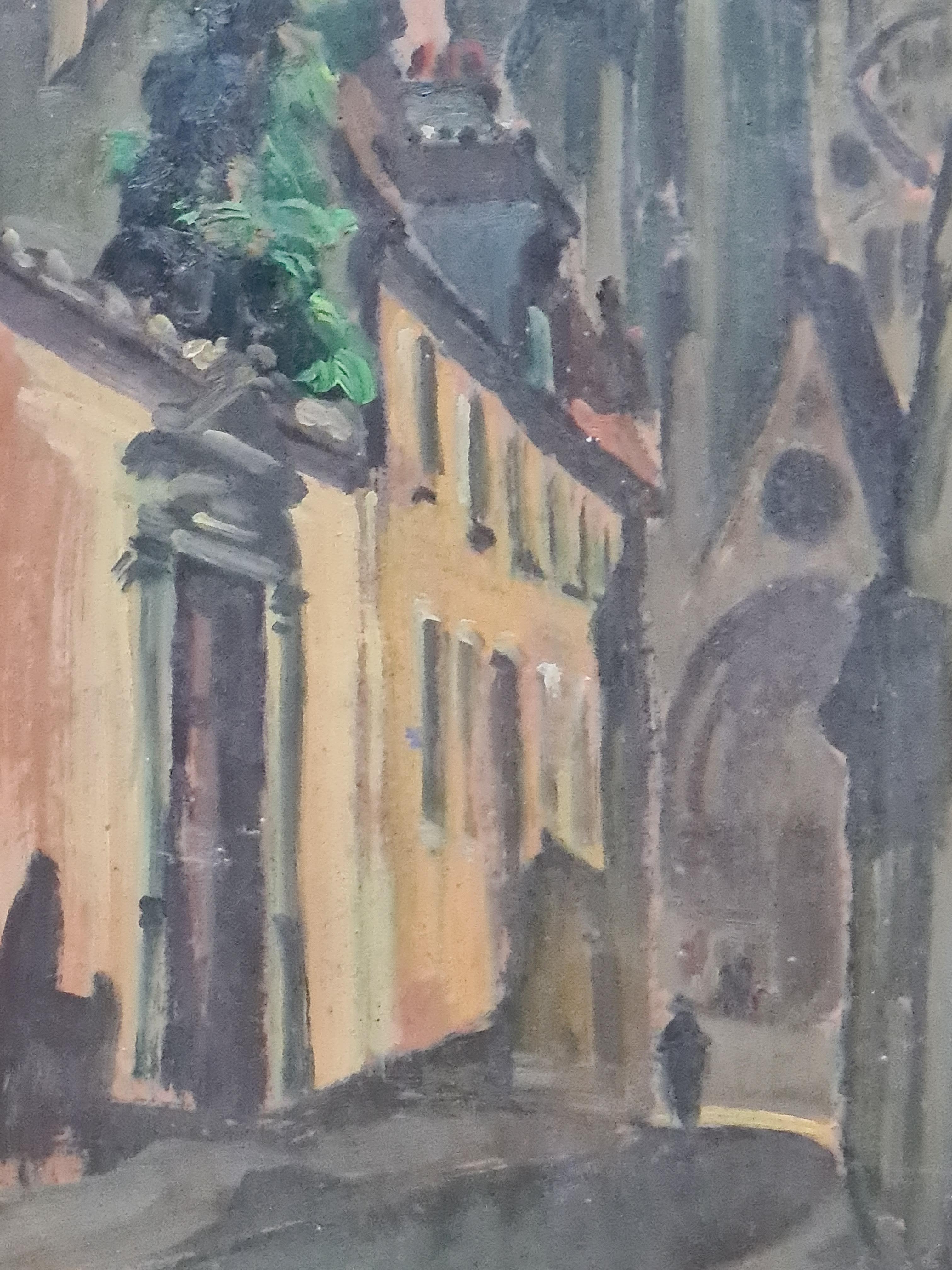 Fauvist Impressionist Cityscape Street in Bruges Follower of Maurice de Vlaminck - Painting by Jacques Buecher