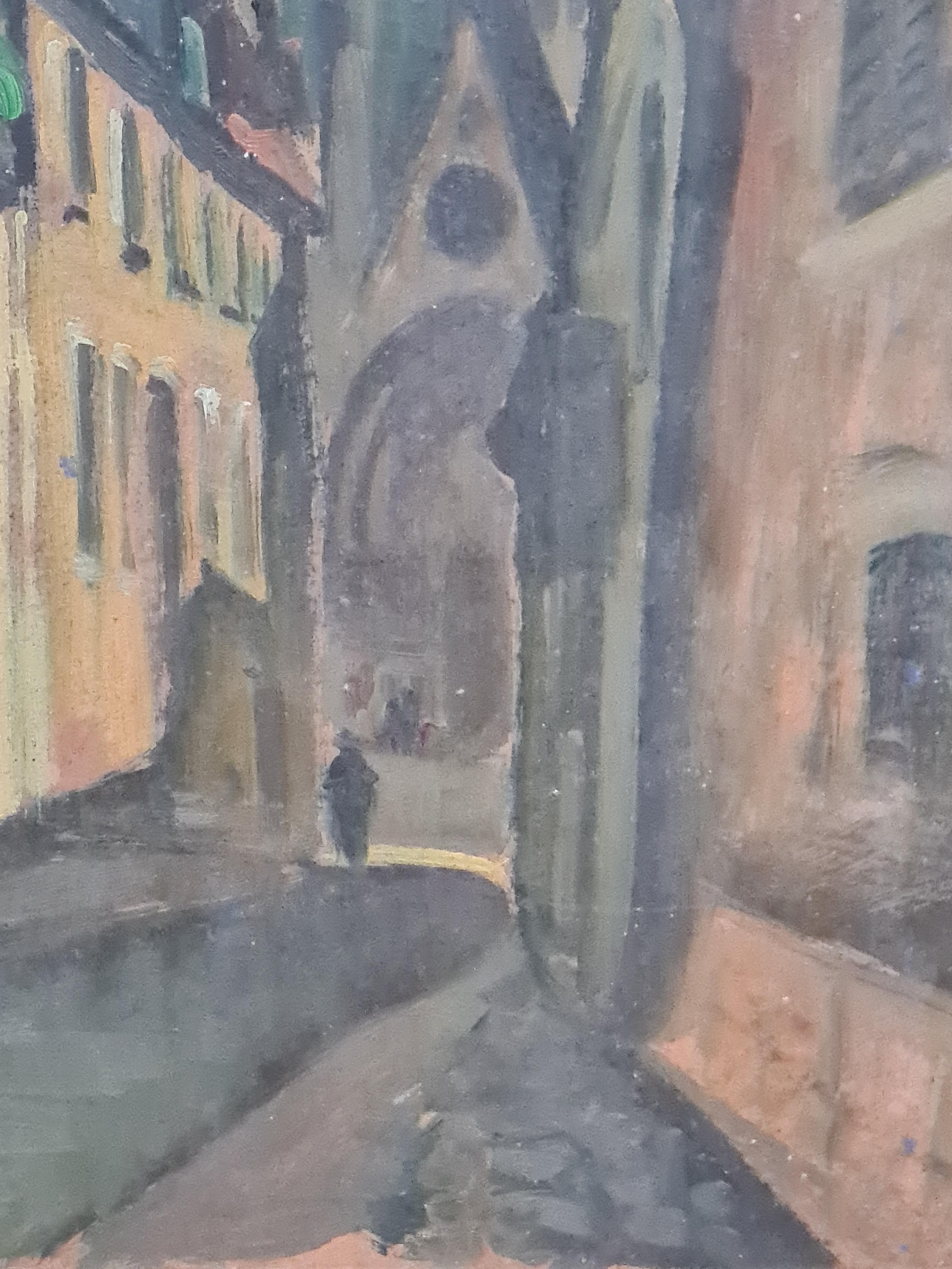 Fauvist Impressionist Cityscape Street in Bruges Follower of Maurice de Vlaminck - Gray Landscape Painting by Jacques Buecher