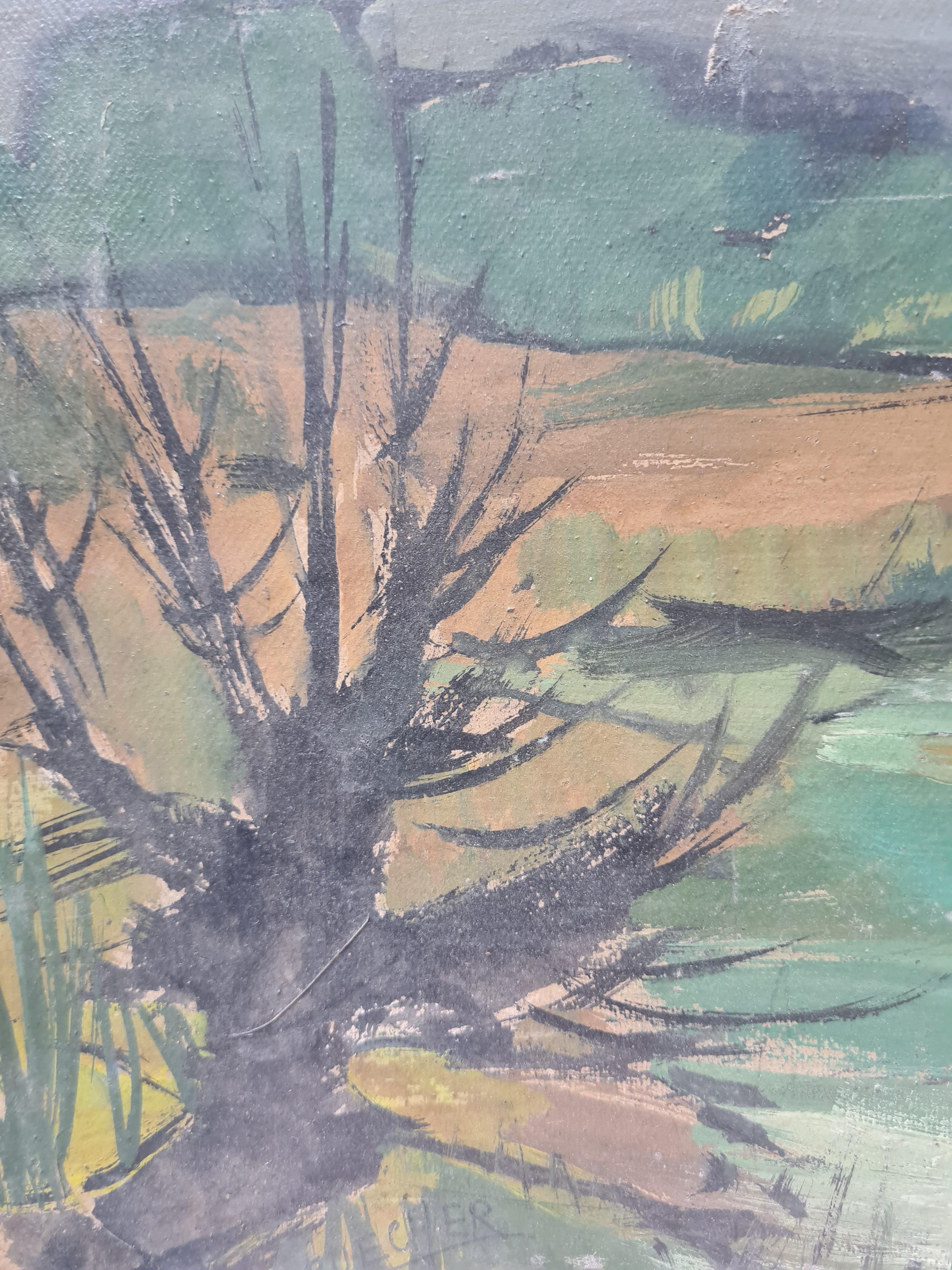Fauvist Impressionist Landscape in Oil, Paysage de la Loire à l'Île Rategoude. - Gray Landscape Painting by Jacques Buecher