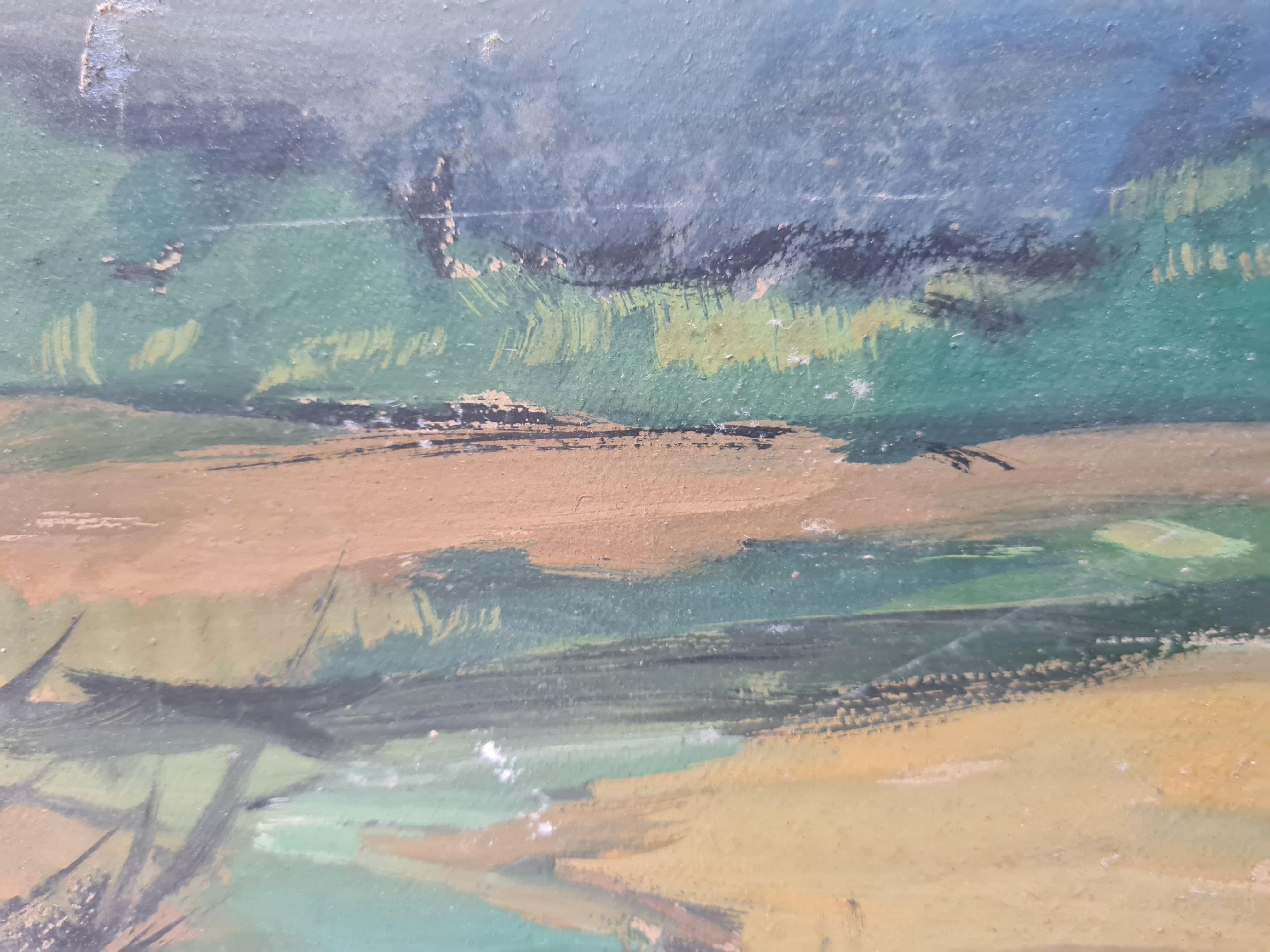 Oil on card view of the Loire valley in France and one of its islands by Jacques Buecher. The painting is signed and titled to the back of the board.

A very charming view of this iconic part of France. A small red boat is tied up against the river