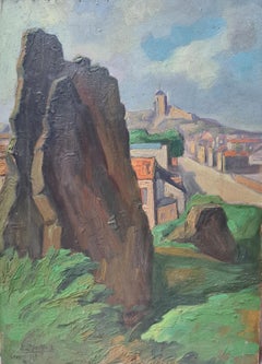 Óleo impresionista francés sobre tabla Paisaje, Lourdes