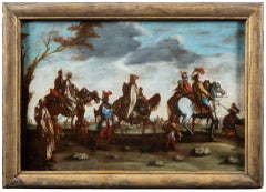 18th century French figure painting - Cavaliers landscape - Oil on canvas Callot