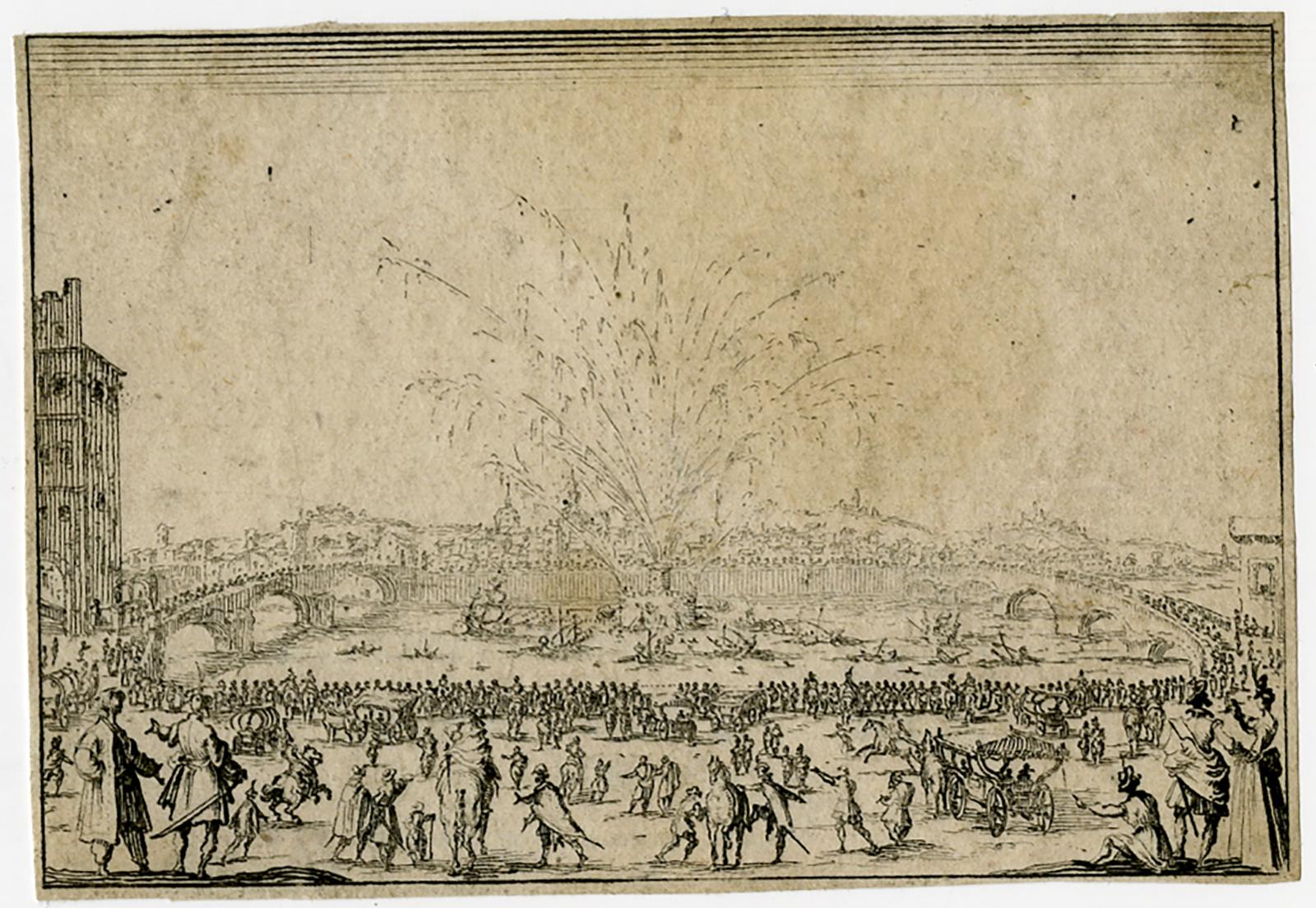 Subject:  Antique Master Print, untitled.  - Fireworks on the river Arno in Florence.

Description:  From the Florence set. Ref: L 258/ M 856.

Artists and Engravers:  Made by 'Jacques Callot' after own design. Jacques Callot (Nancy 1592-1635) was a