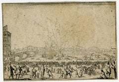 Fireworks on river Arno in Florence. by Jacques Callot - Etching - 17th Century