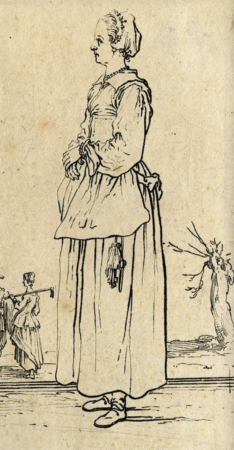 La Paysanne Tournee a Gauche, Les Mains Appuyees L’Une sue L’Autre - Old Masters Print by Jacques Callot