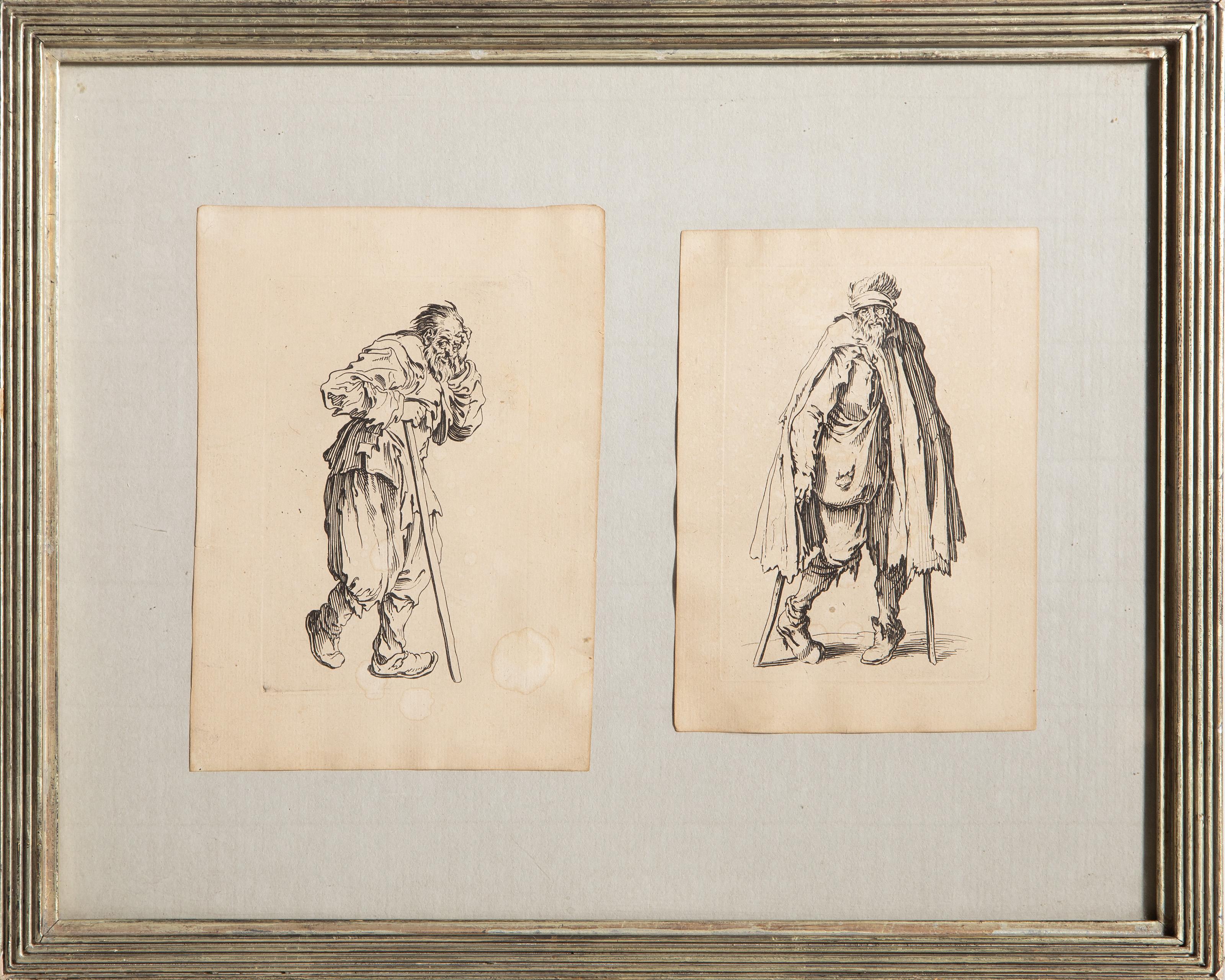 Jacques Callot, French (1592 - 1635) - Les Gueux, Medium: 2 Etchings on paper from Les Gueux suite appelee aussi Les Mendiants, Image Size: 5.5 x 3.5 inches, Size: 7.5 x 11 in. (19.05 x 27.94 cm), Frame Size: 12.75 x 15.75 inches