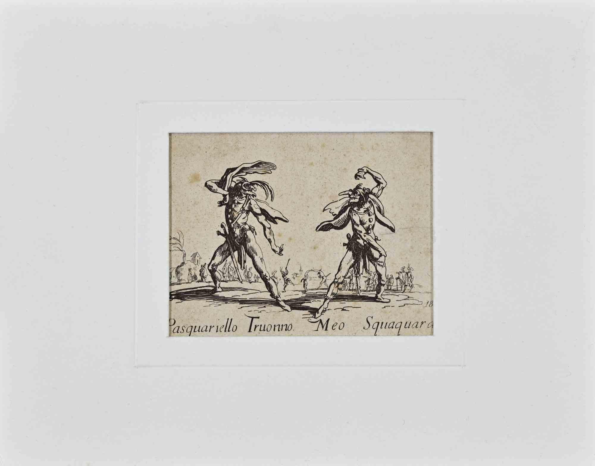 Etching on paper.

A lively etching from Jacques Callot’s celebrated series Balli di Sfessania, depicting two grotesque comic figures engaged in an exaggerated dance or mock duel. Identified by their captions as Pasquariello Truonno and Meo