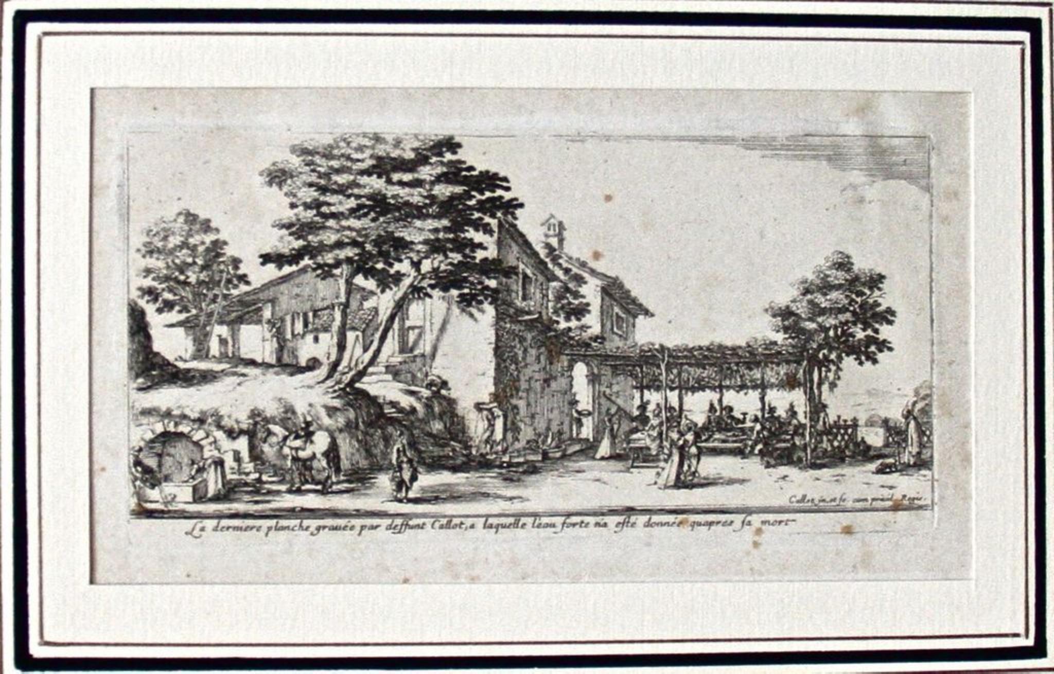Etching on laid paper printed after Jacques Callot in the mid-17th Century.
Image dimension: 8.1x16.4 cm.; Matted dimension: 40x60 cm.
Signed in plate lower right: Callot in et fe cum privil Regis
Inscribed below image: La dernière planche gravée