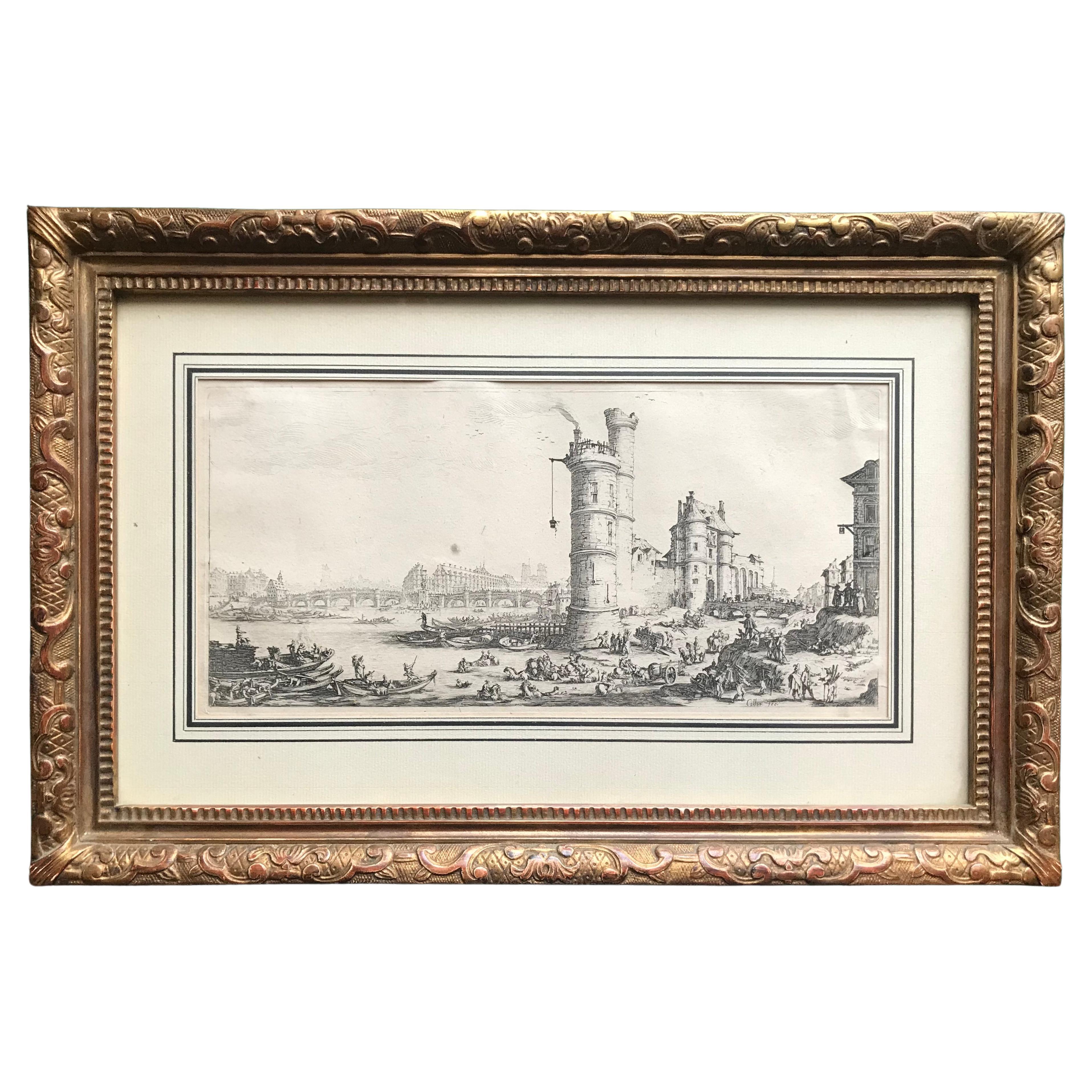 Jacques Callot "The Two Views Of Paris, 2, Pont Neuf" Engraving, 17th Century 