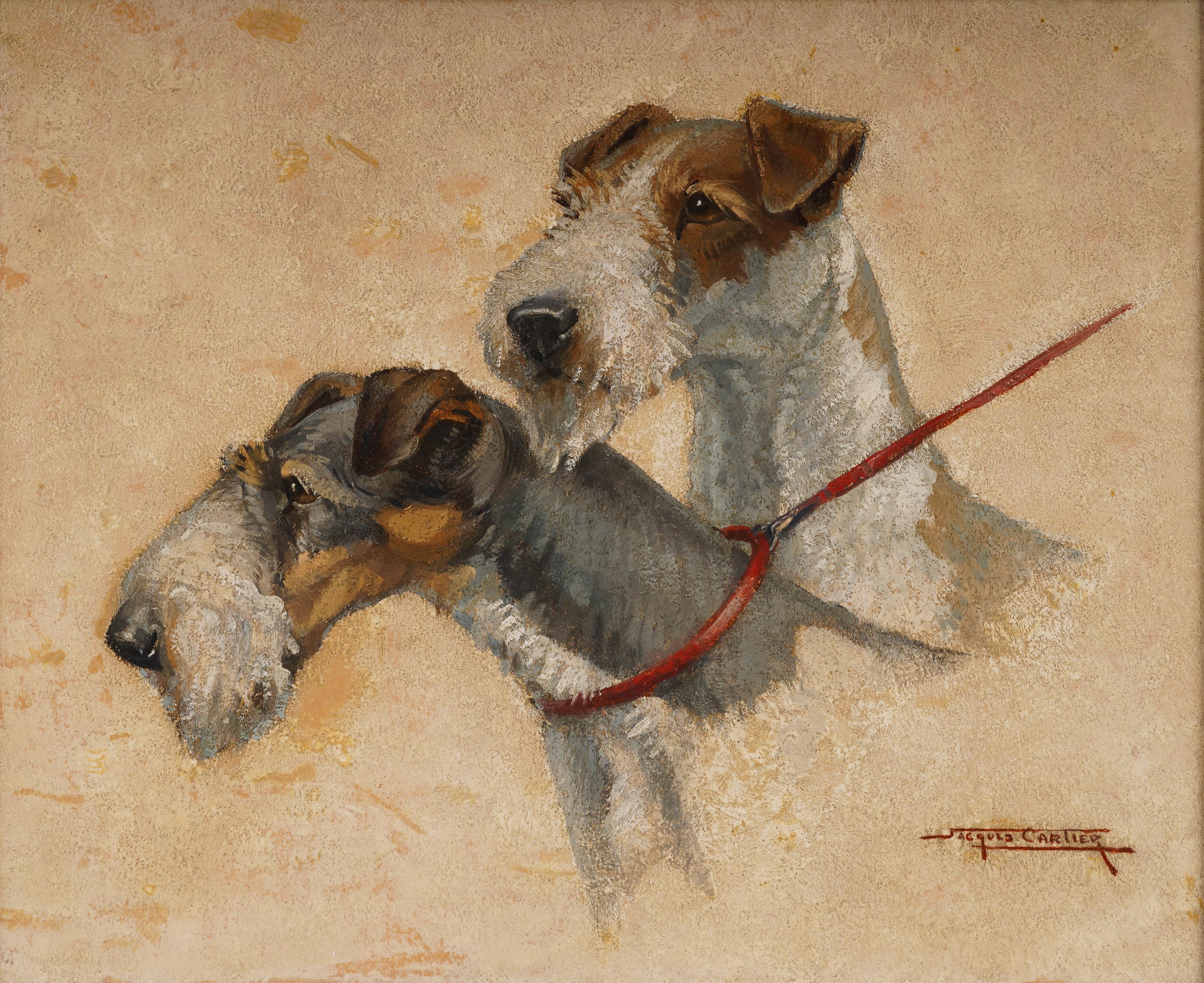Ancienne peinture à l'huile Art Déco française, portrait de chien terrier encadré et signé - Réalisme Painting par Jacques Cartier
