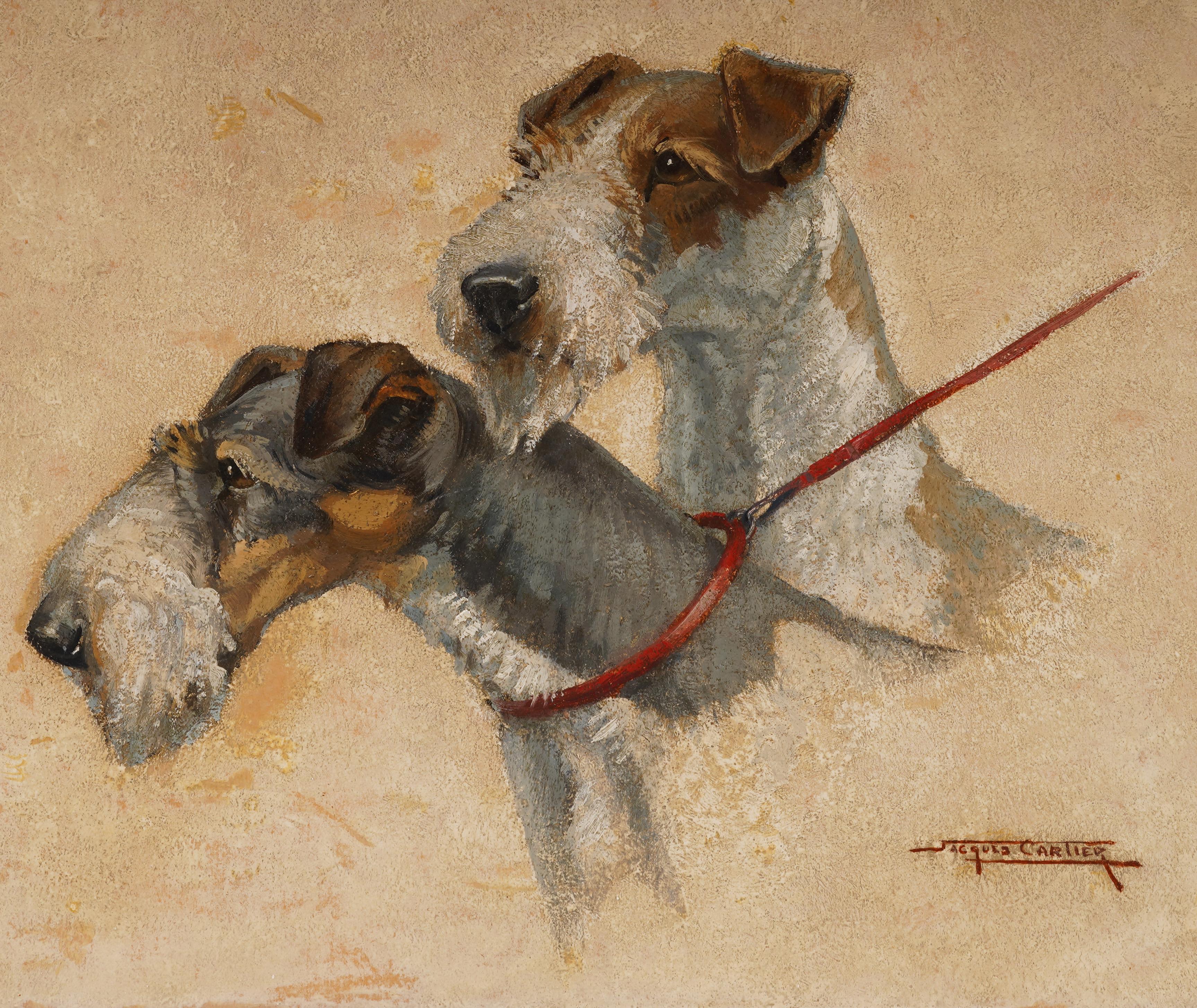 Exquise peinture ancienne de chiens terriers par Jacques Cartier (1907 - 2001). Huile sur planche.  Encadré.  Taille de l'image : 15H x 18L.  