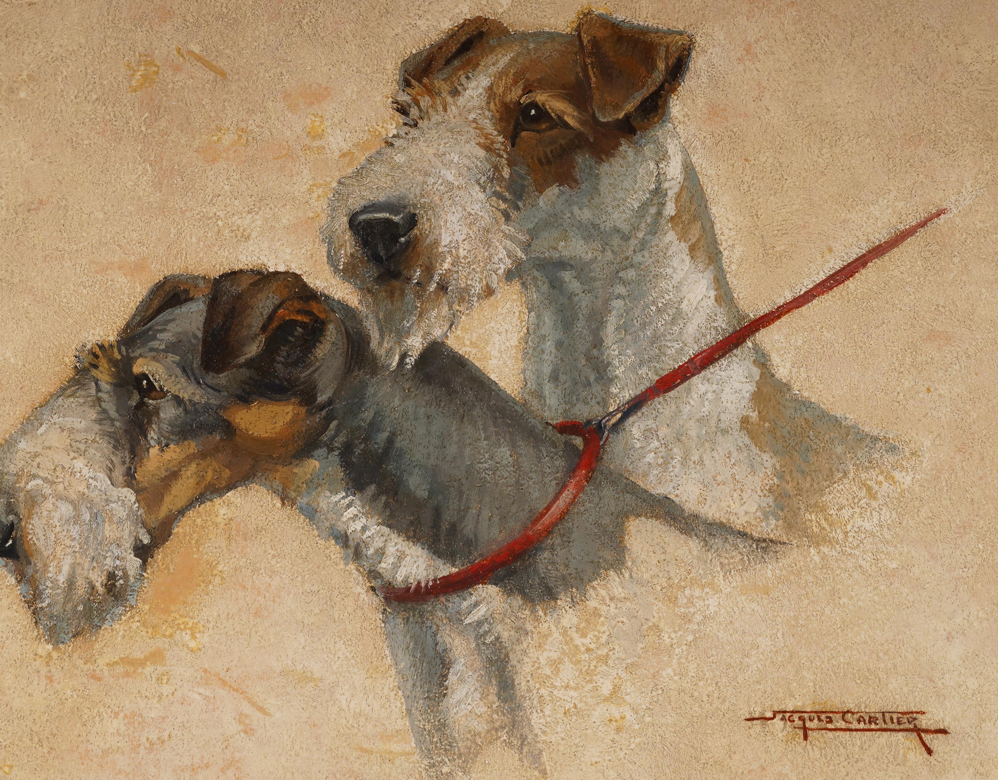 Ancienne peinture à l'huile Art Déco française, portrait de chien terrier encadré et signé en vente 1